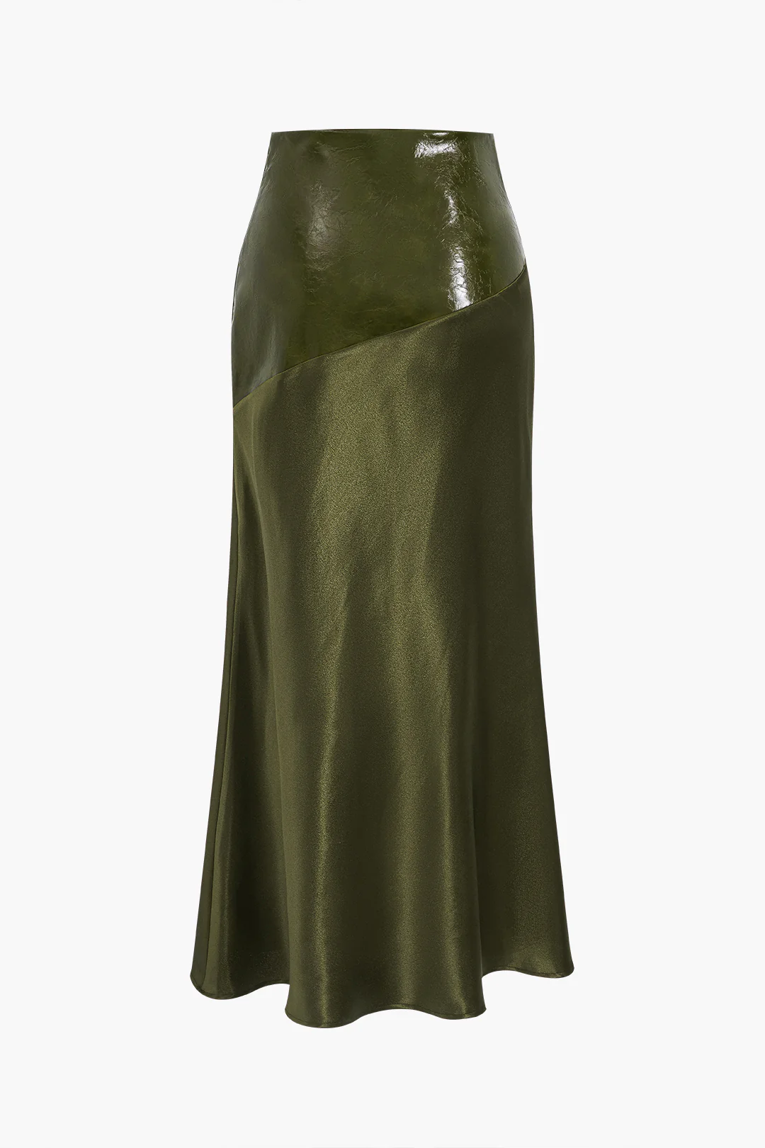 Satin Patchwork Faux Leather Asymmetric Skirt