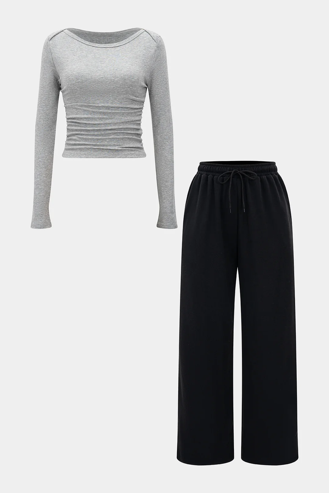 Solid Ruched Long Sleeve Top And Drawstring Straight Pants Set