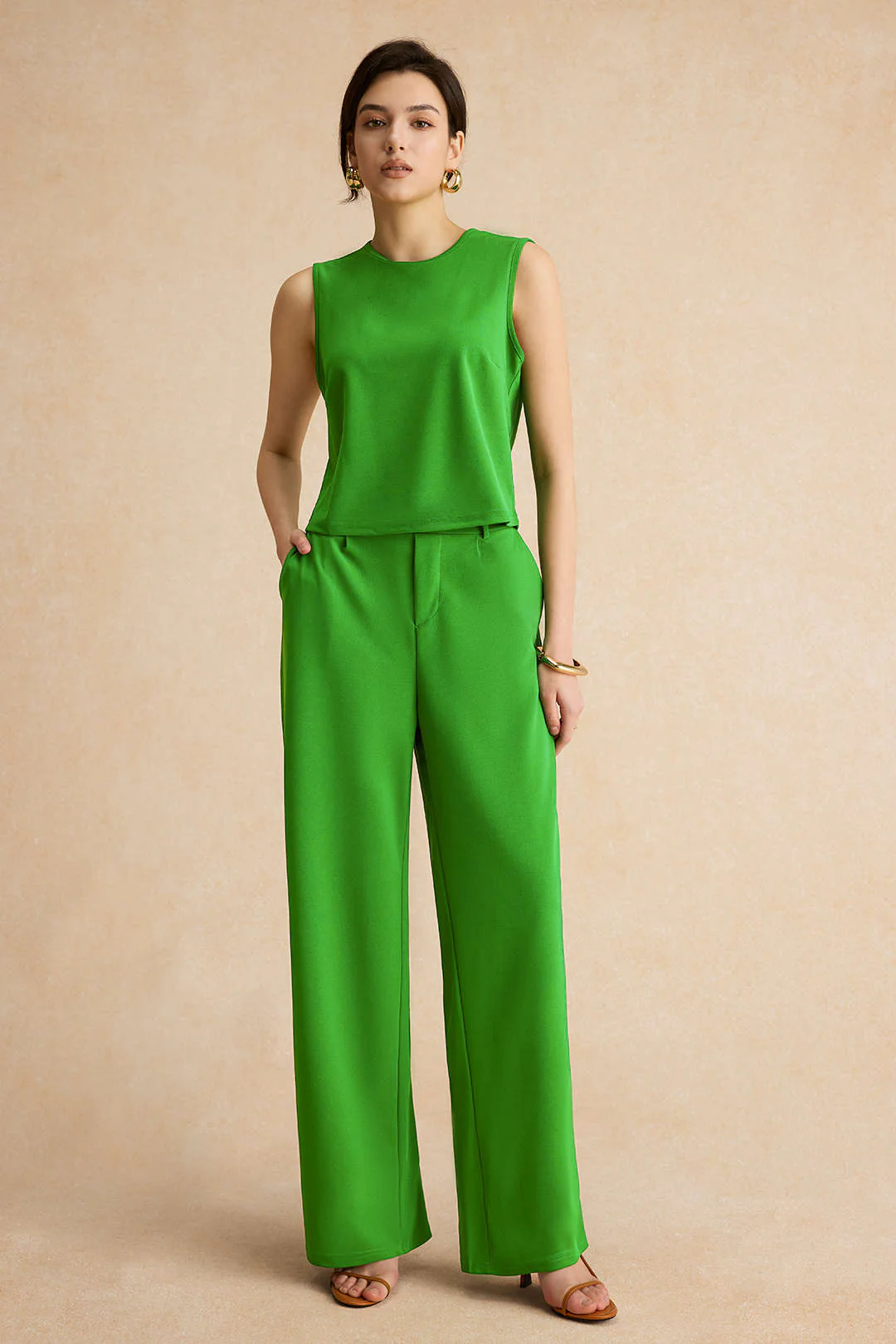 Basic Solid Sleeveless Top And Straight Leg Pants Set