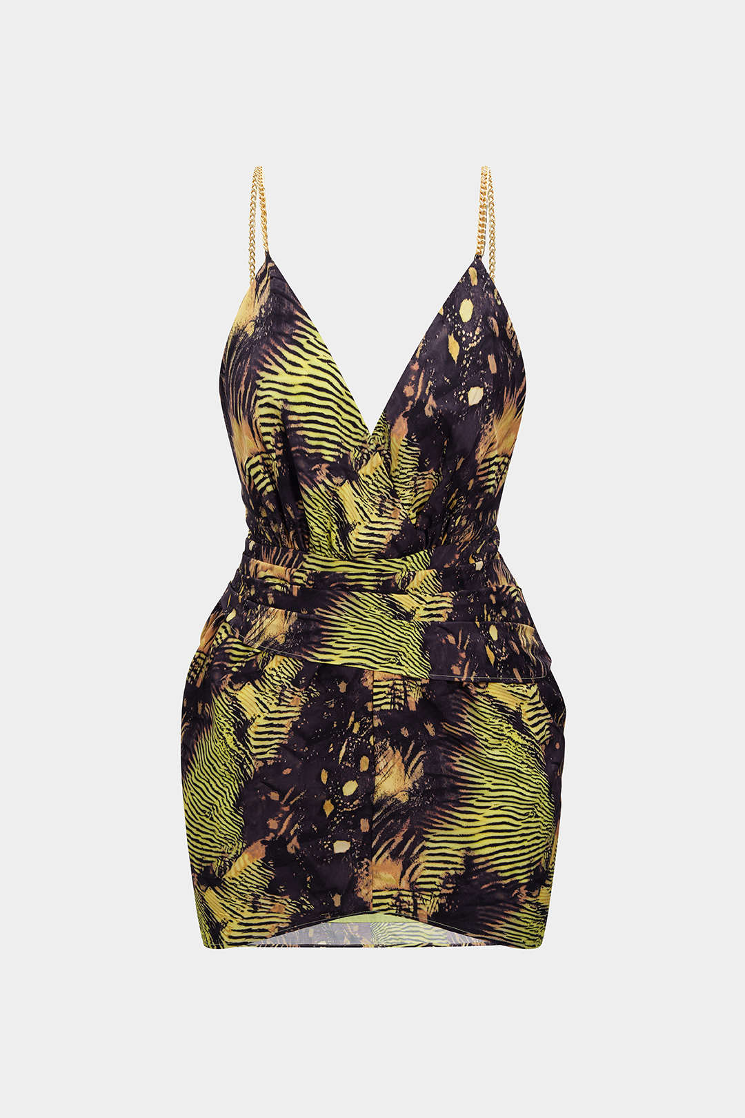 Plus Size Tropical Print Metallic Chain Asymmetrical Ruched Sleeveless Mini Dress