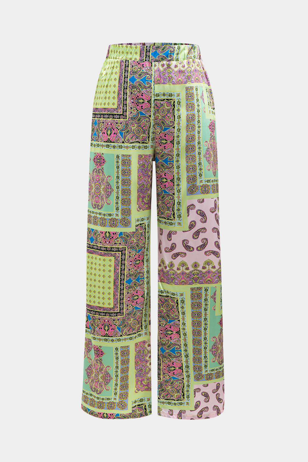 Satin Ruched Slip Mini Dress and Paisley Print Wide Leg Trousers Ensemble