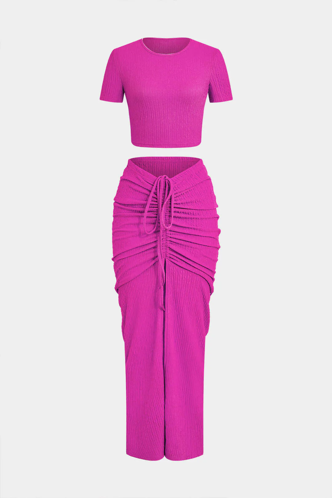 Textured Cropped Top and Drawstring Ruched Skirt Outfit Set