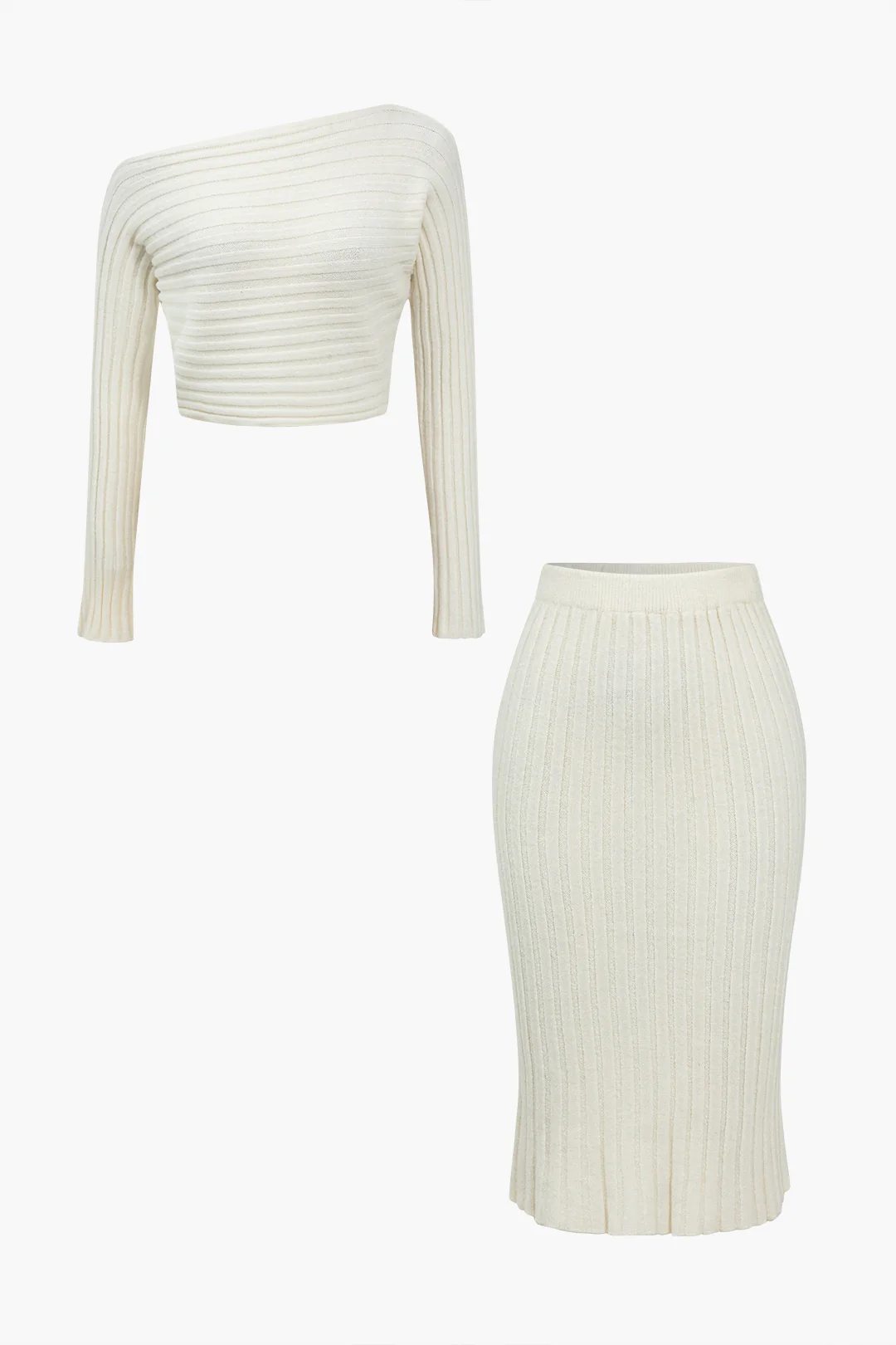 Simple Solid Knit Long Sleeve Bodycon Skirt Set