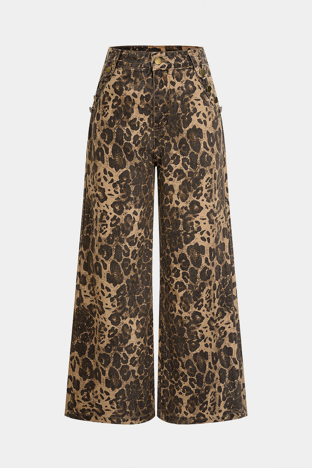 Leopard Print Denim Zipper Wide-Leg Trousers