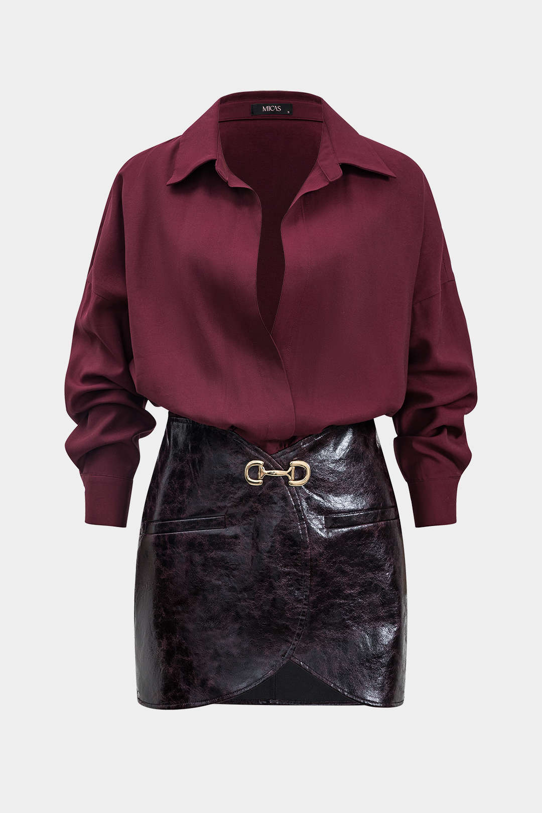 Faux Leather Metallic Patchwork Long-Sleeved Mini Dress