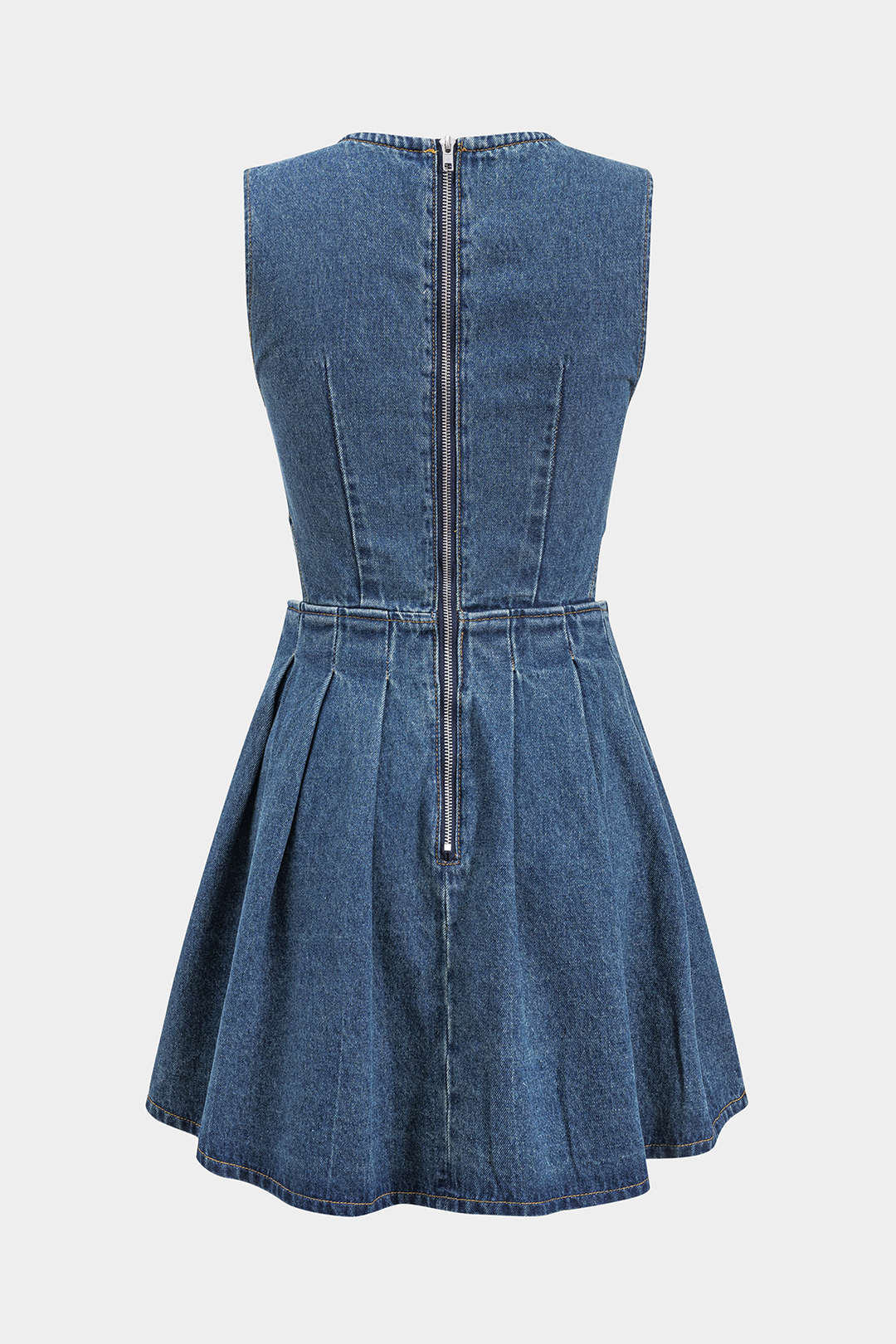 Denim Pleated Button Zipper Sleeveless Dress