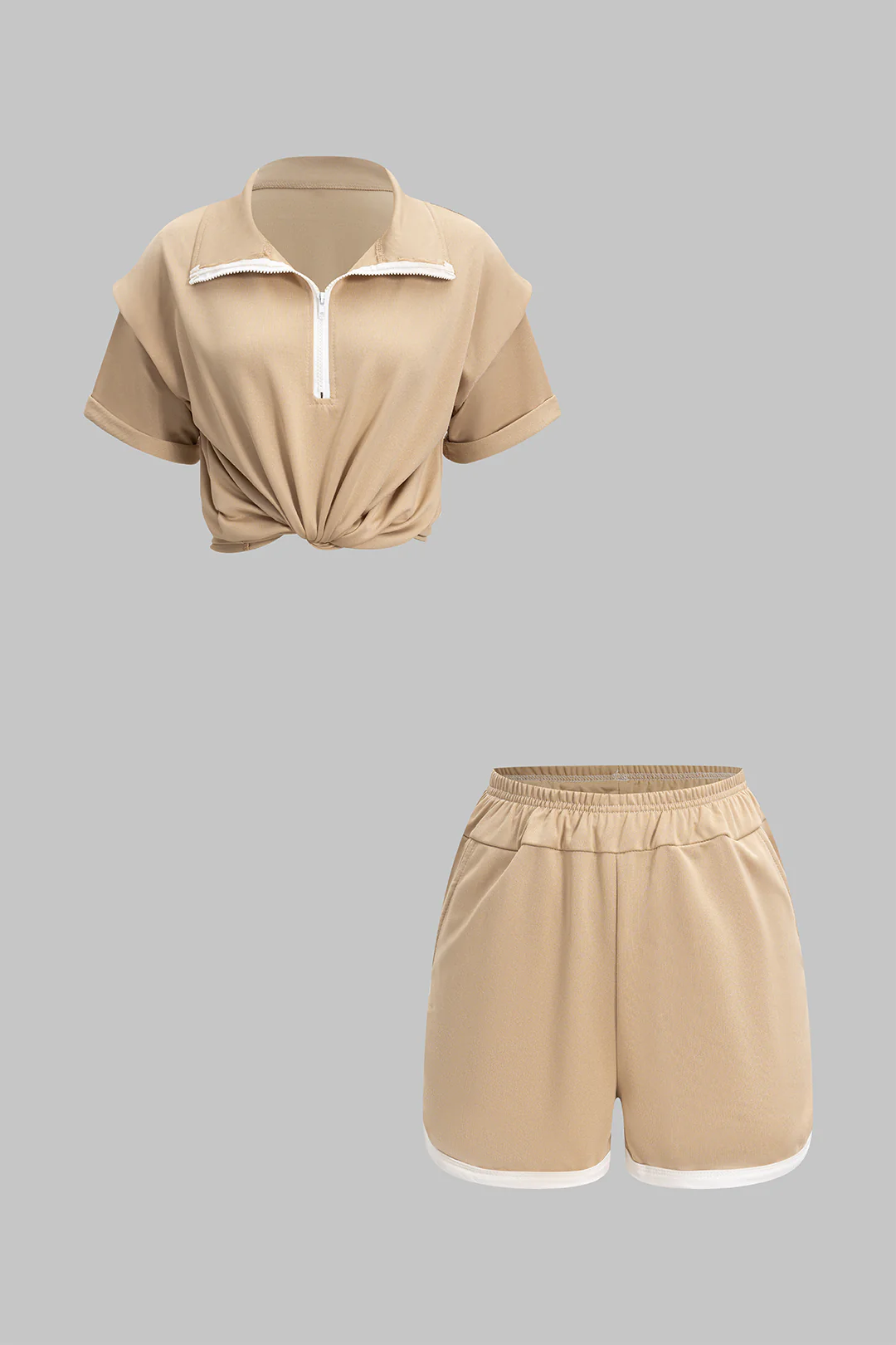 Contrasting Zipper Short Sleeve Shirt and Ruched Shorts Outfit Set