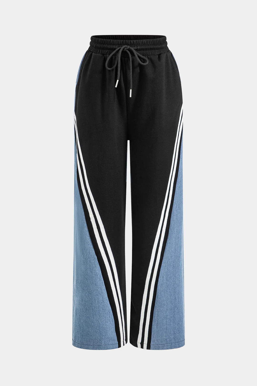 Denim Patchwork Round Neck Long Sleeve Top with Drawstring Pocket Trousers Set