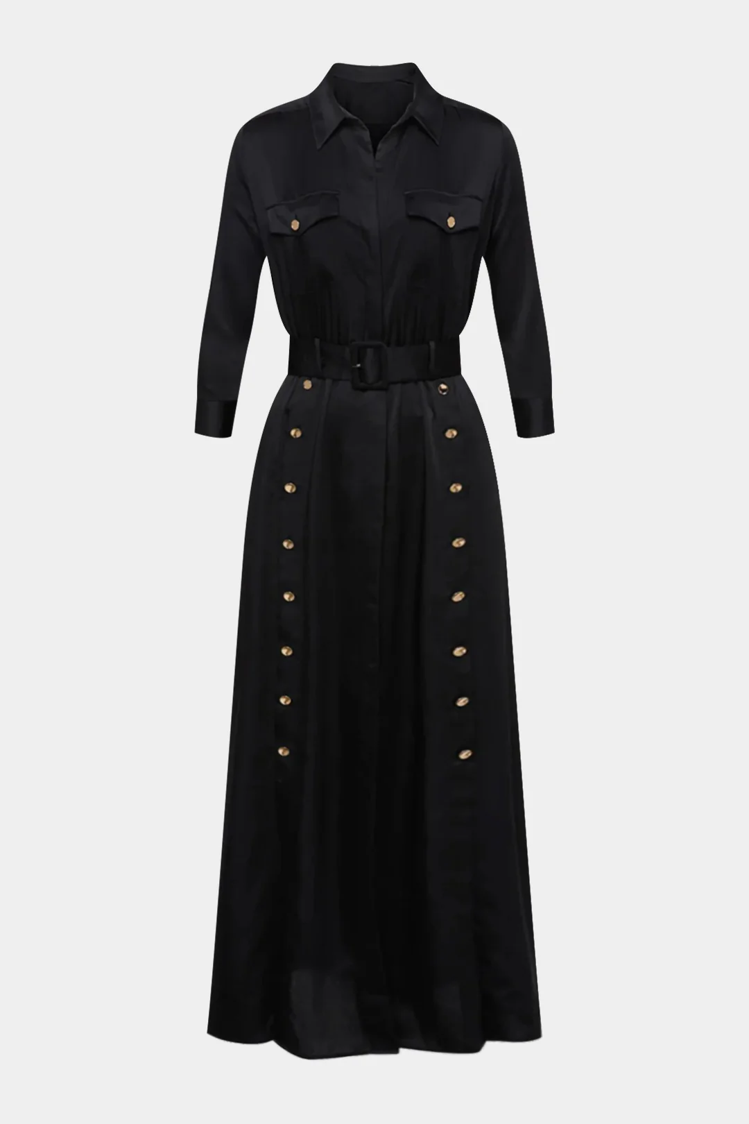 Satin Button-Belted Long-Sleeve Maxi Dress