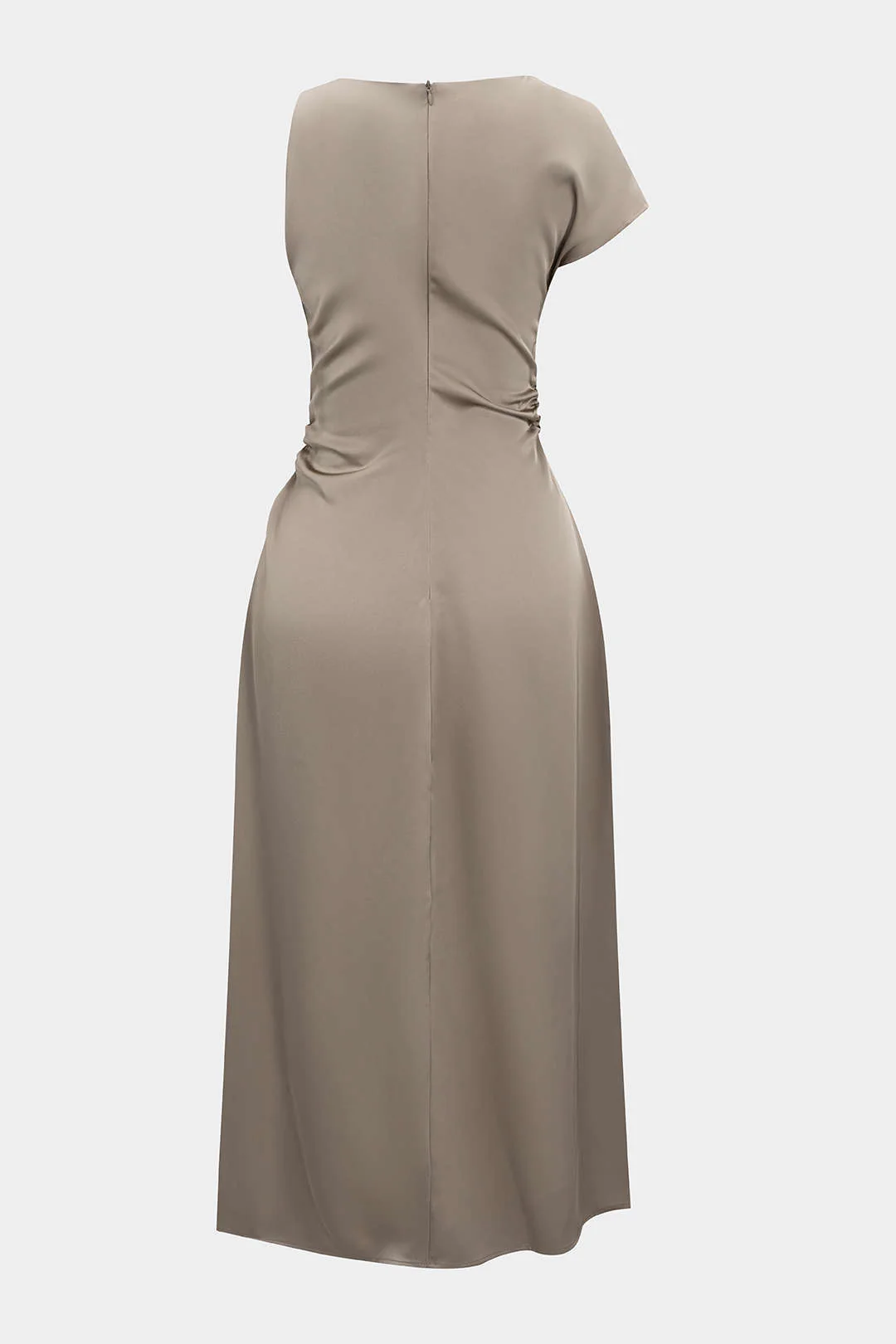 Satin Ruched Asymmetric Twist Knot Midi Dress