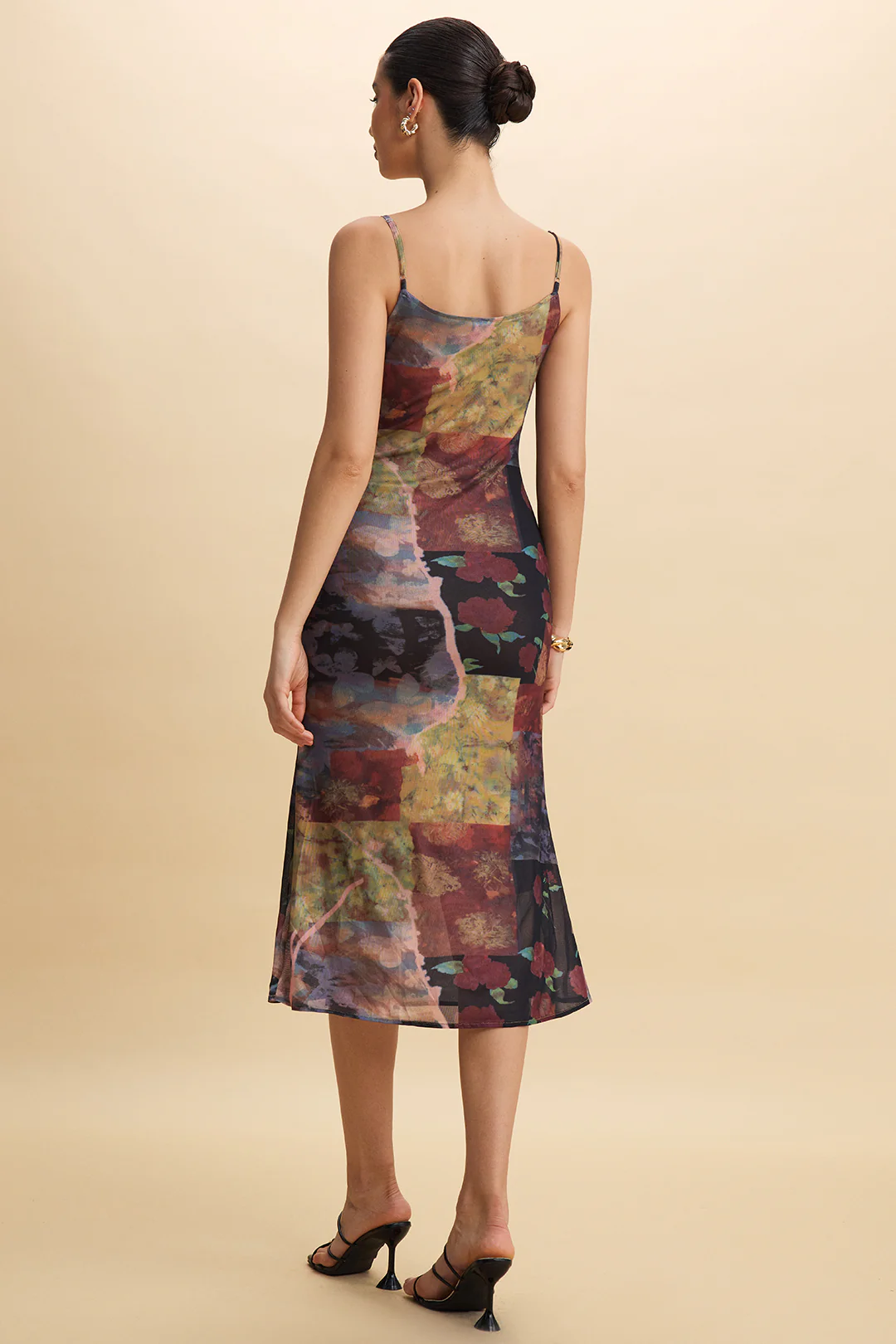Vintage Floral Print Mesh Sleeveless Midi Slip Dress