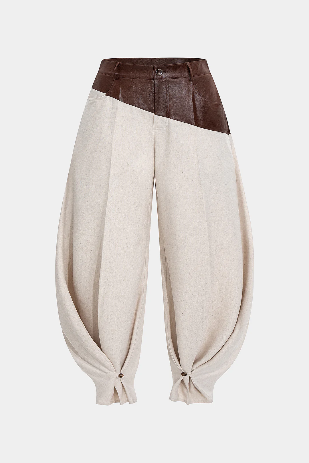 Plus Size Faux Leather and Linen Patchwork Ruched Trousers