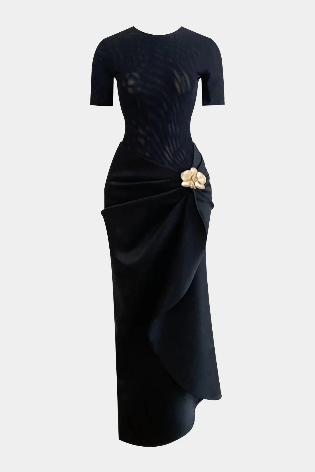 Metallic Decor Ruched Short Sleeve Midi Dress