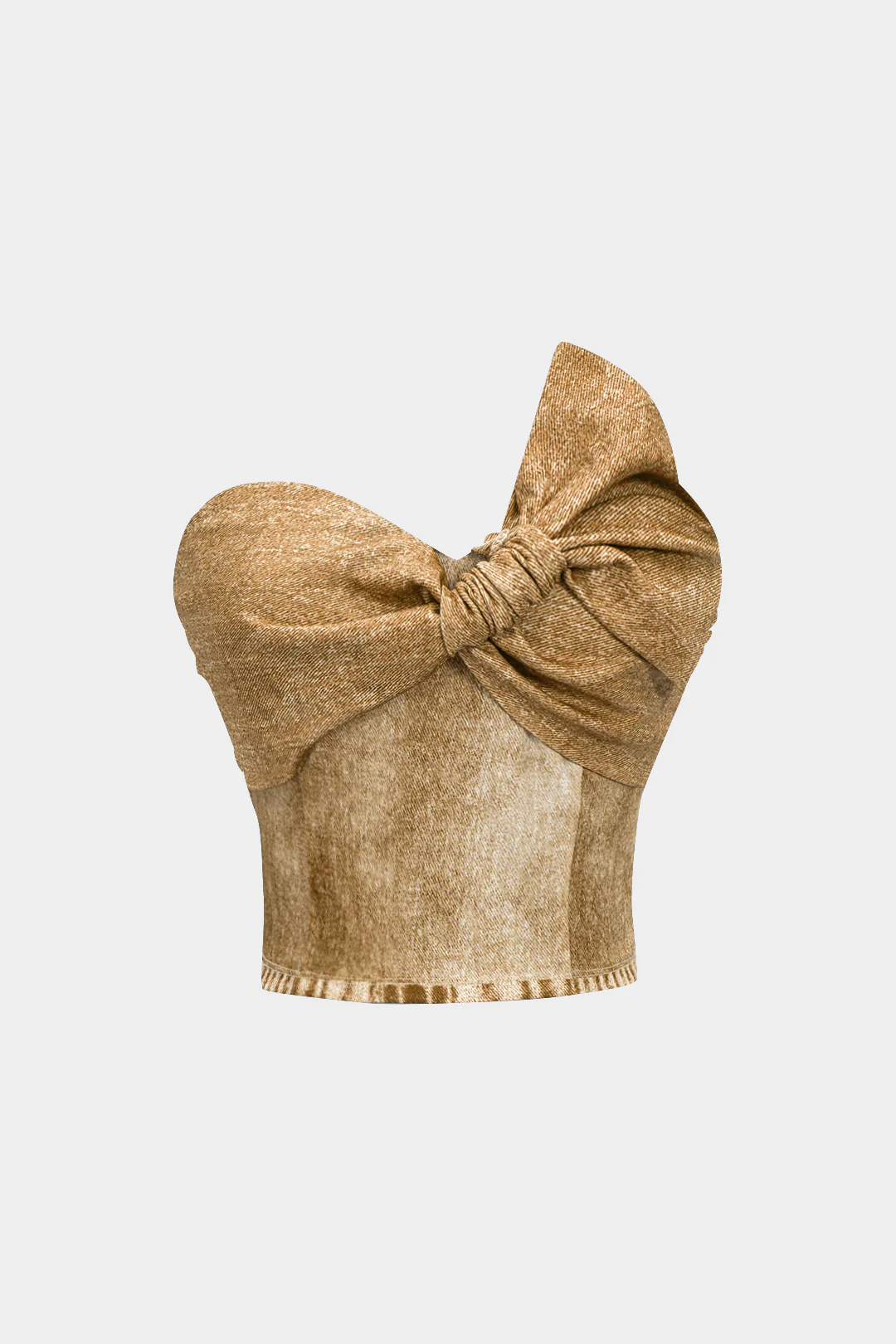 Denim Print Asymmetrical Twist Knot Strapless Tube Top