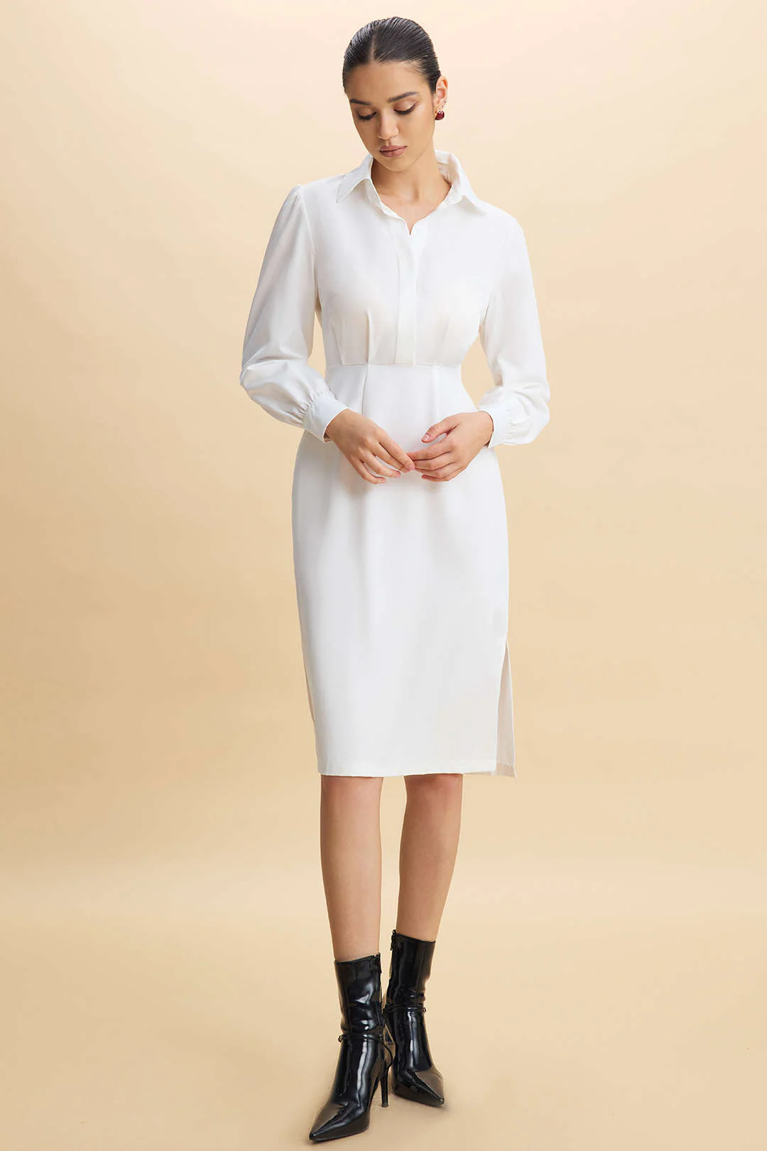 Solid Waist-Cinched Ruched Long-Sleeve Midi Dress