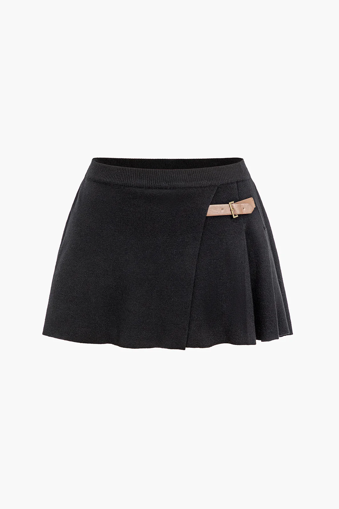 Solid Knitted Belted Button-Decorated Skirt