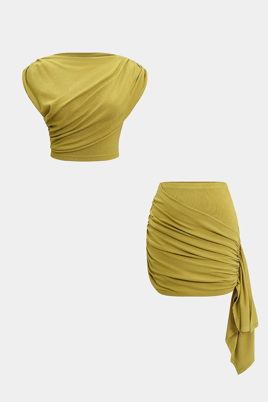 Solid Ruched Asymmetrical Top And Skirt Set