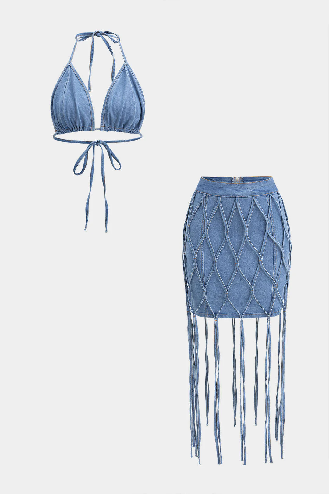 Denim Bra Top And Tie-Up Skirt Set