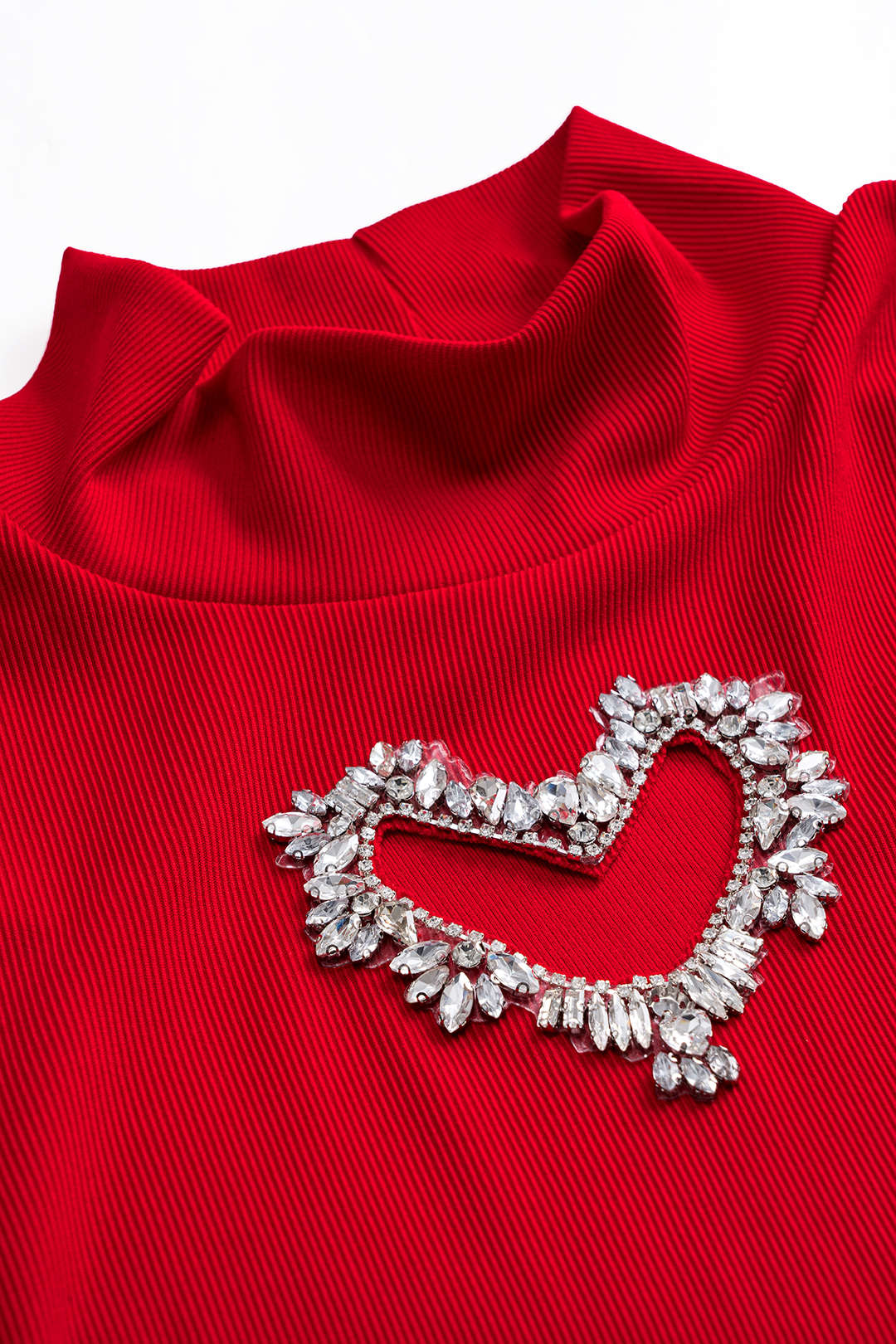 Heart Shape Rhinestone Mock Neck Long Sleeve Top And Skirt Set