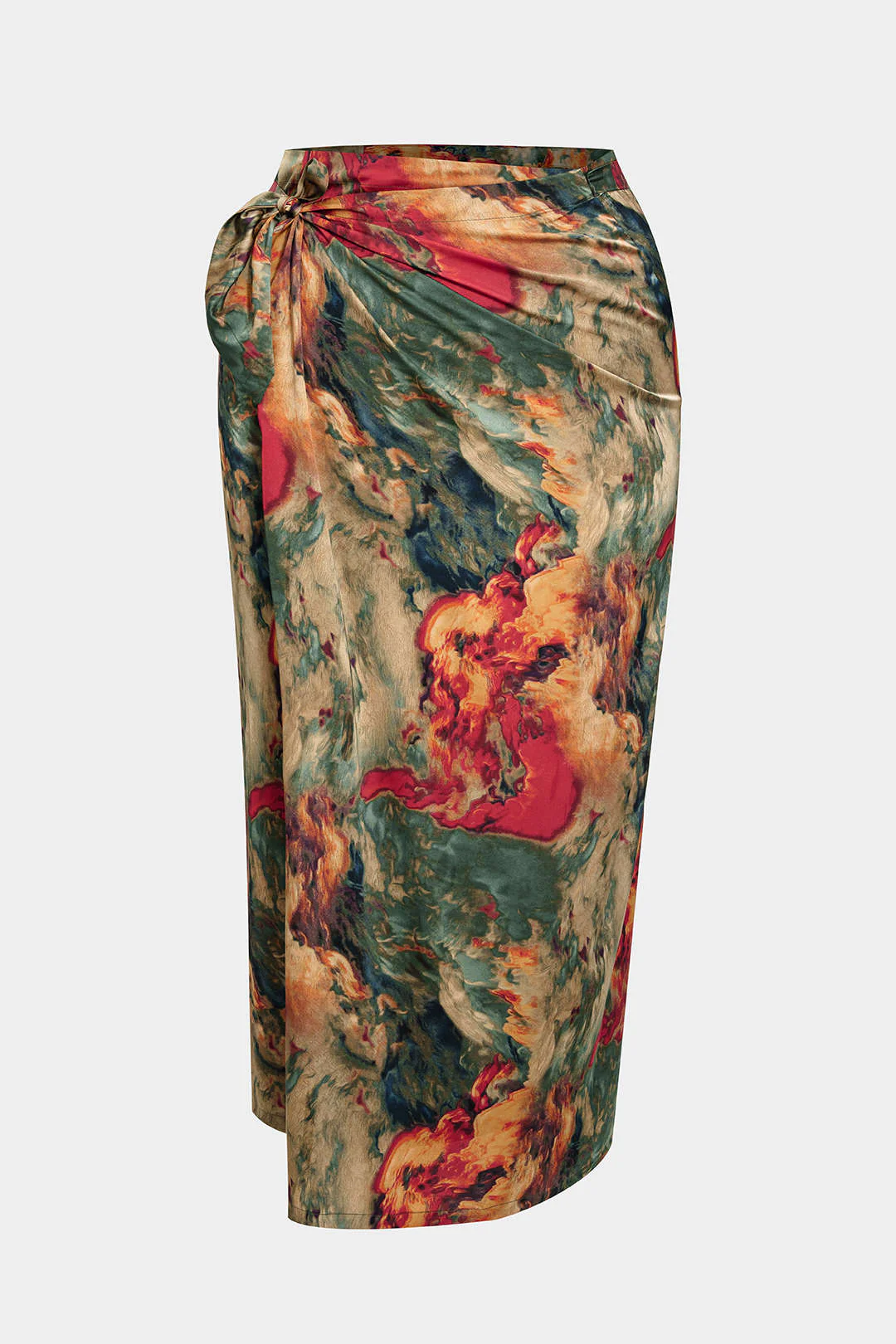 Plus Size Abstract Print Satin Tie Front Skirt