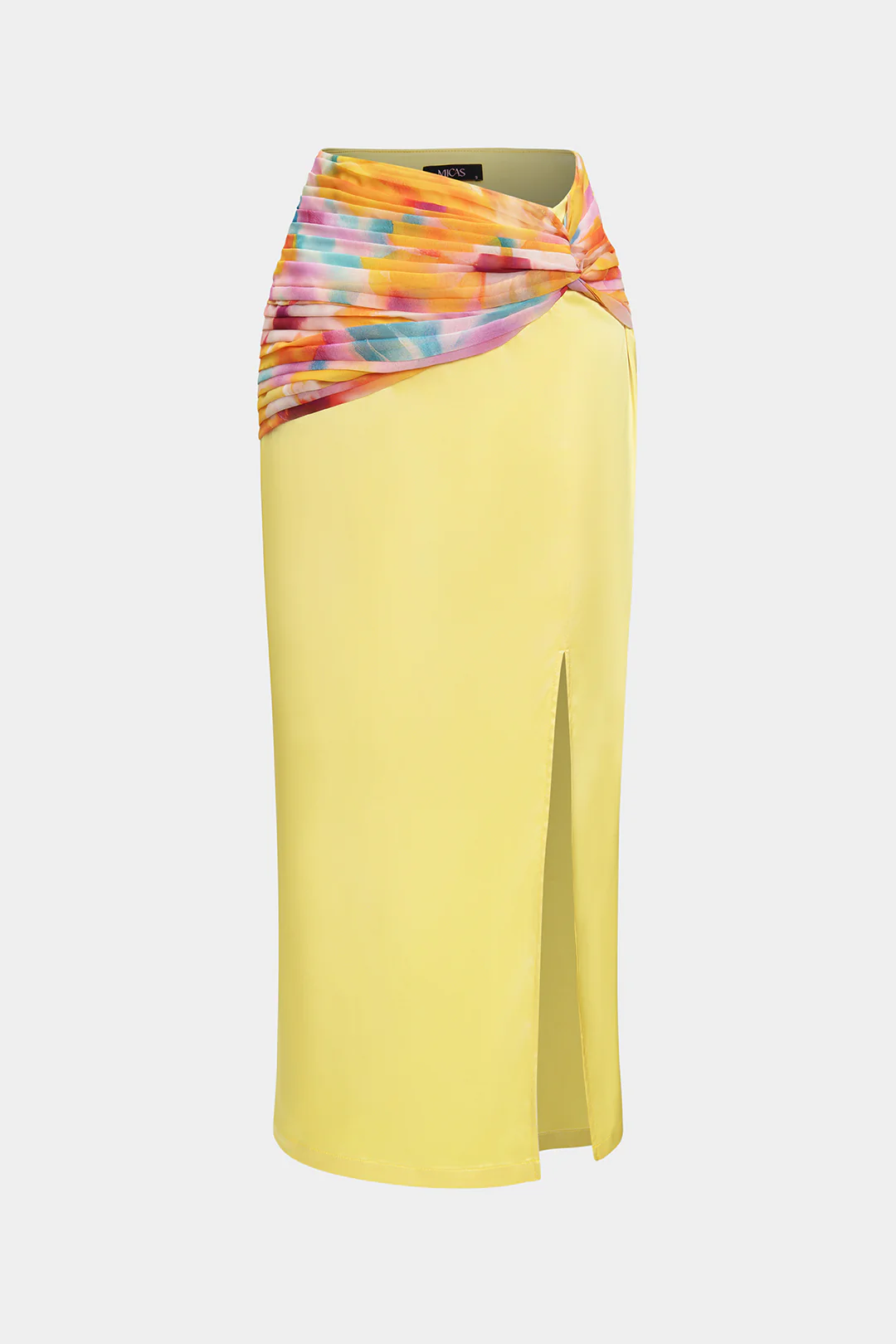 Ombre Print Chiffon Satin Ruched Twist Knot Split Skirt