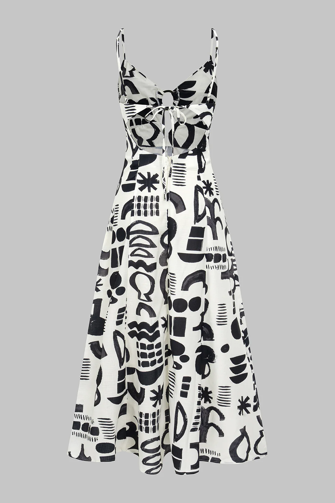 Geometric Retro Print Cut Out V-Neck Tie Back Sleeveless Midi Dress