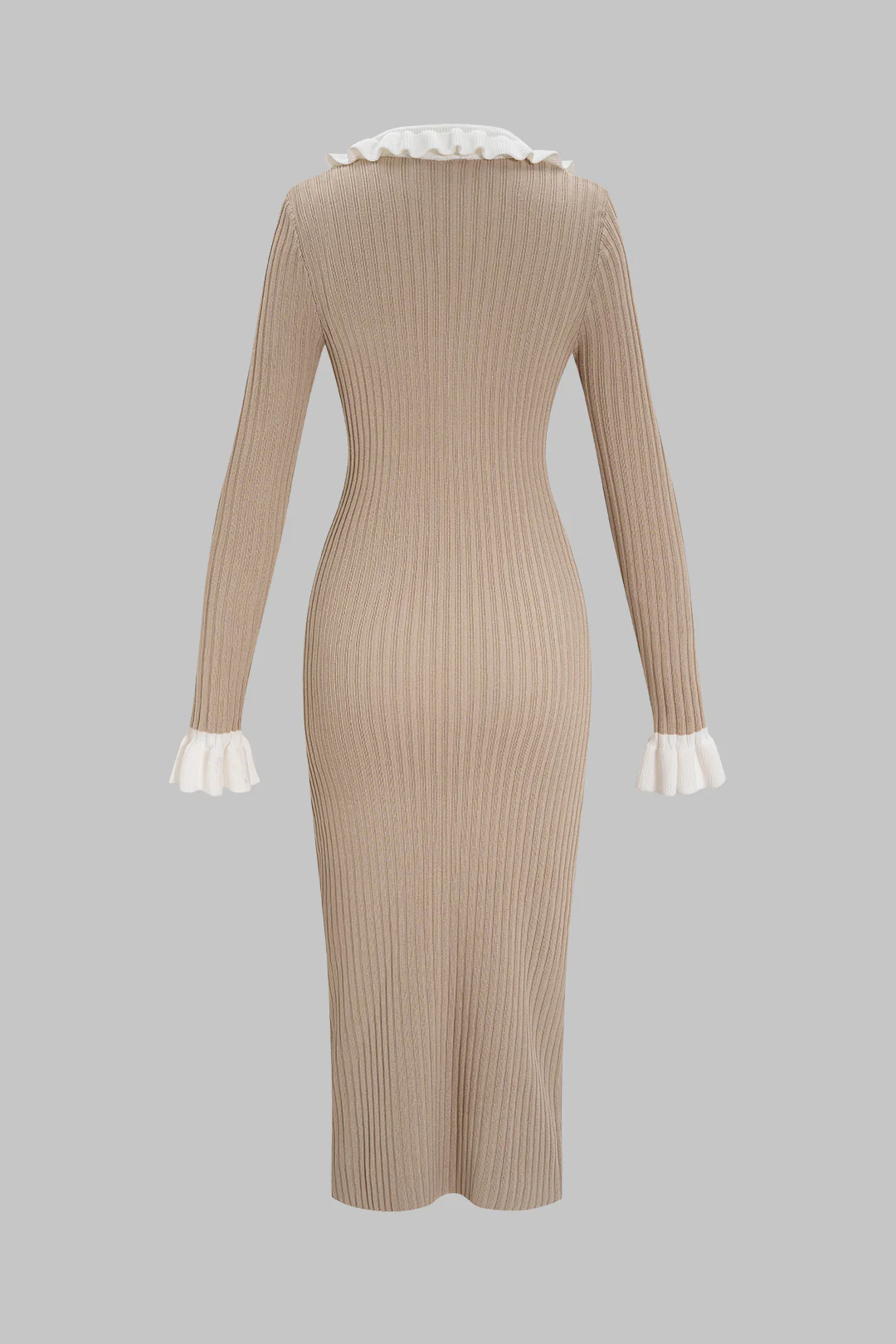 Knit Button V-Neck Ruched Long Sleeve Dress