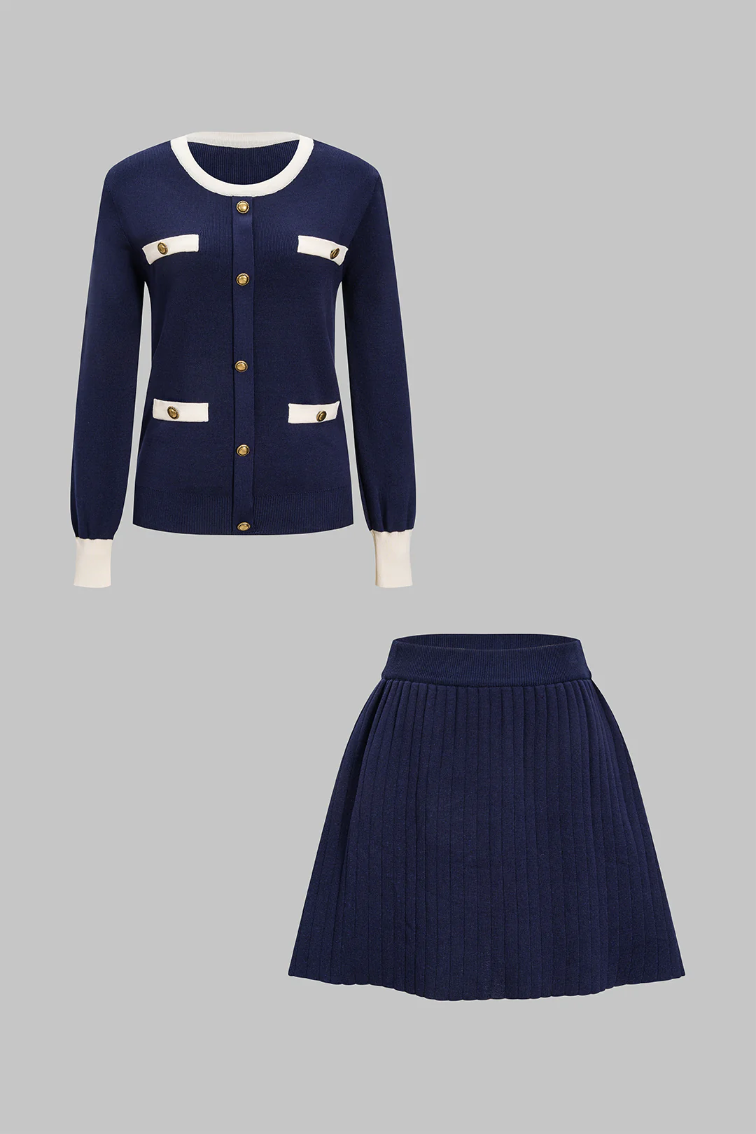 Contrasting Button Long-Sleeve Top and High-Waist Skirt Set