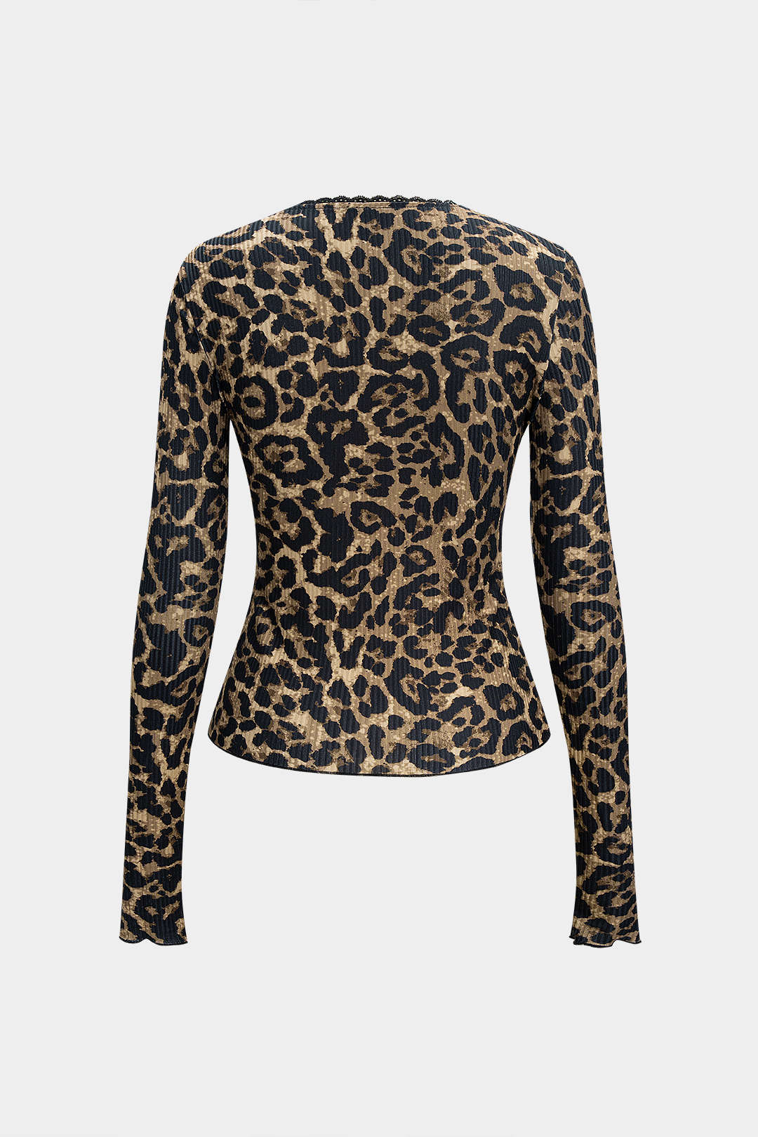 Leopard Print V-Neck Lace Trim Buttoned Long-Sleeve Top