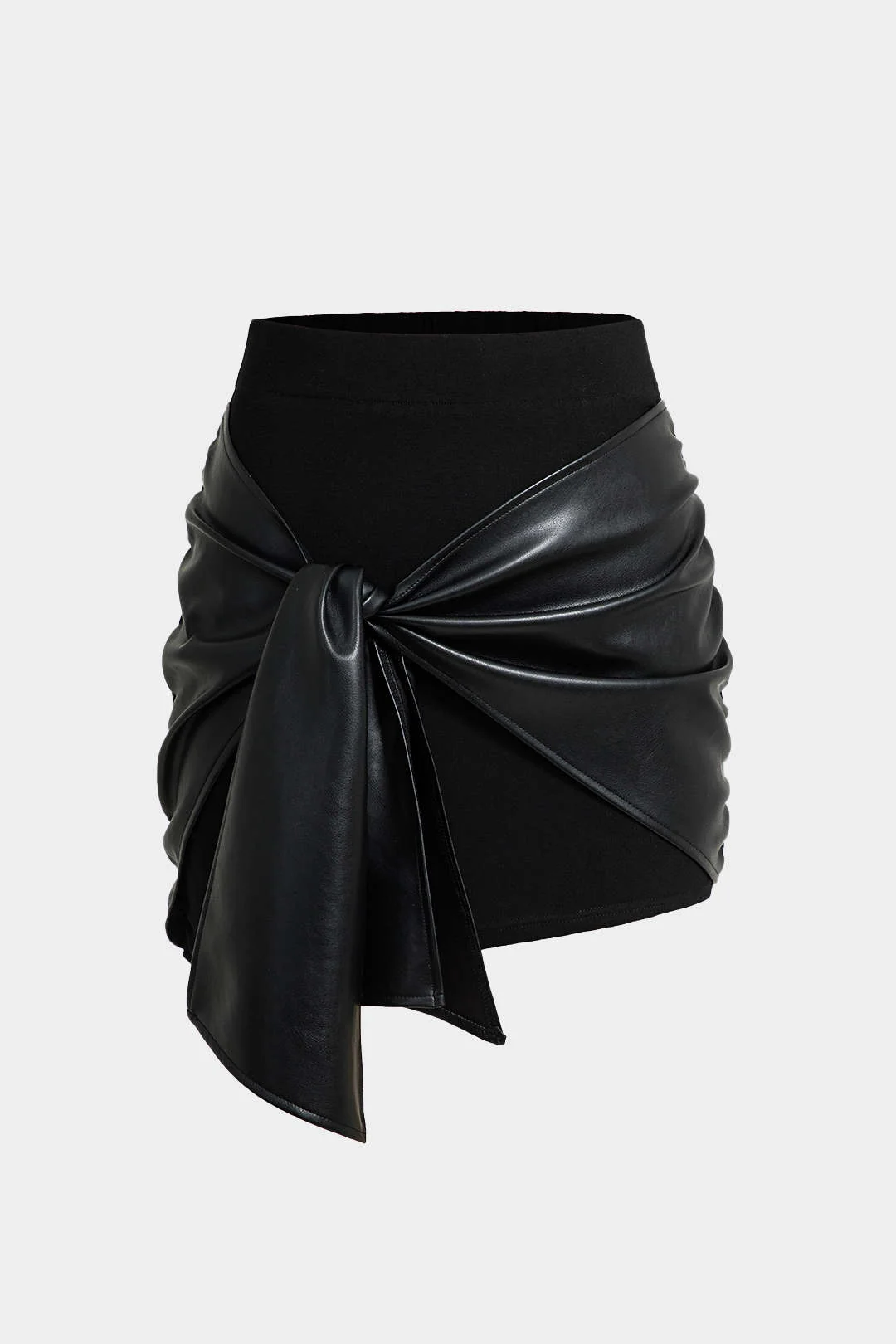 Patchwork Imitation Leather Tie Front Mini Skirt