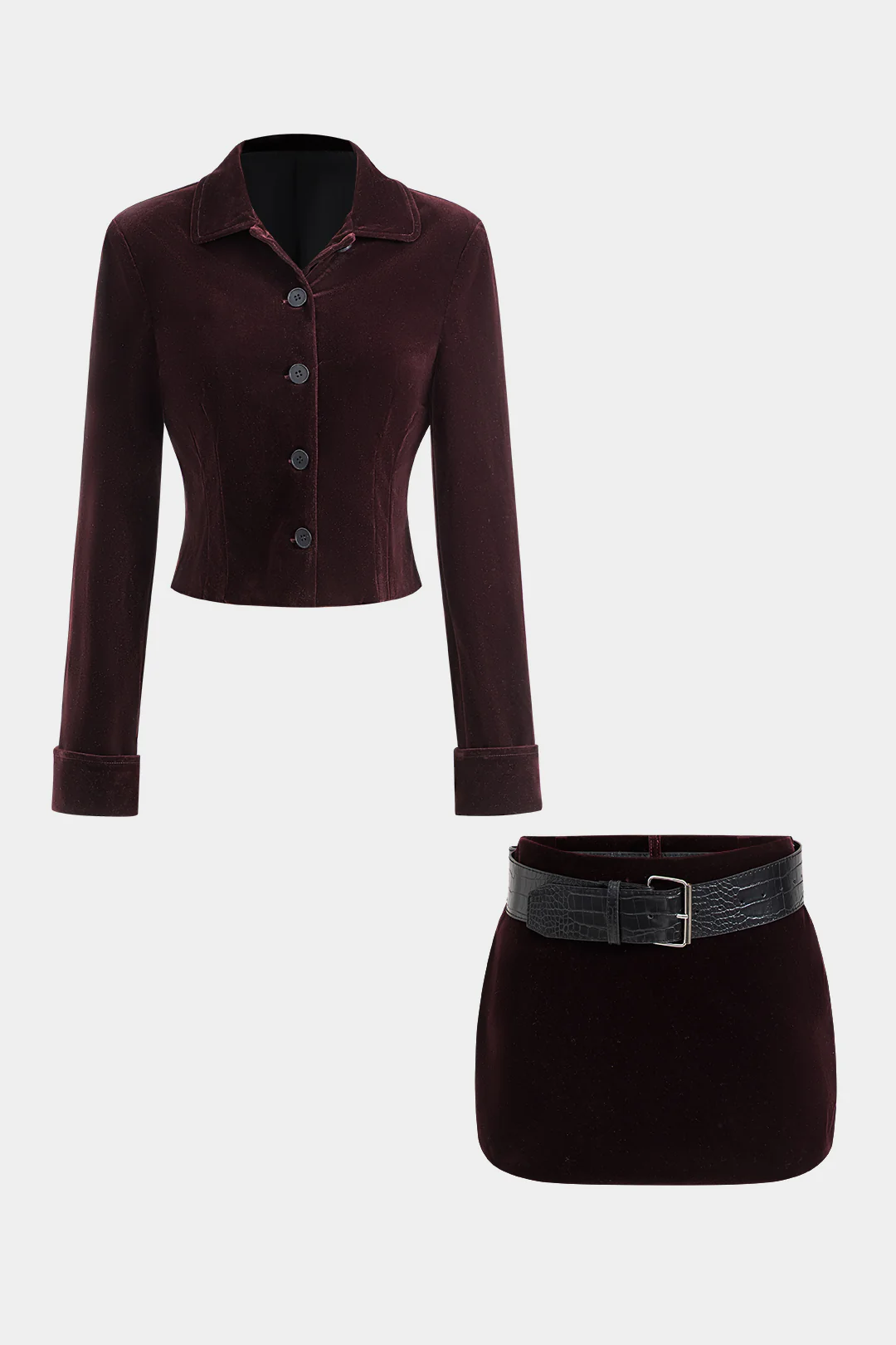 Velvet Button Long Sleeve Top and Belted Skirt Ensemble