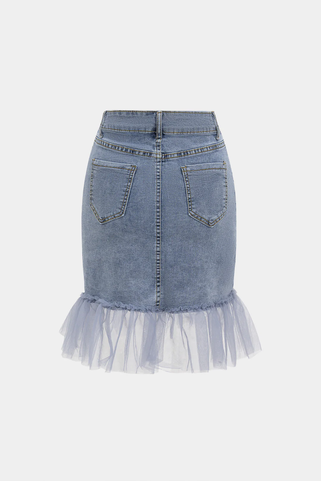Denim Rhinestone Embroidery Mesh Patchwork Skirt