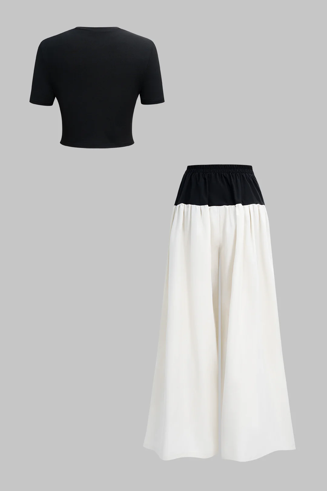 Solid Short Sleeve T-Shirt and Contrast Ruched Wide-Leg Trousers Set