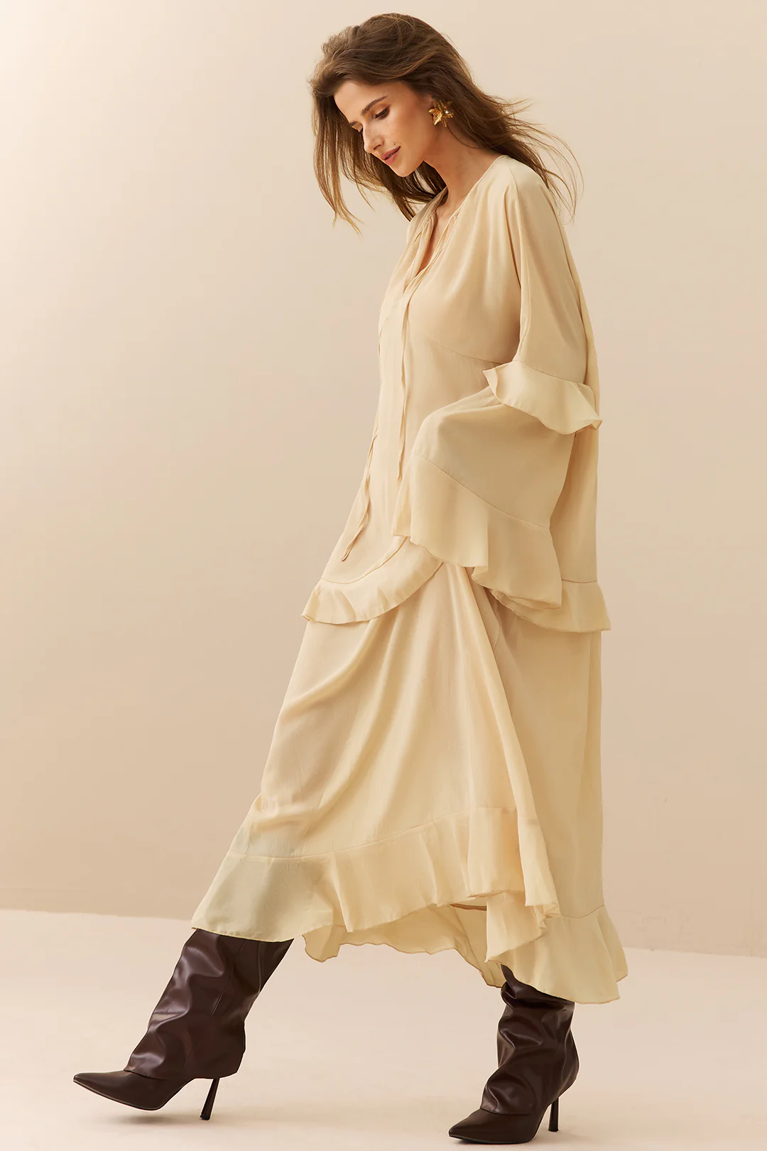 Chiffon Ruffled Bell - Sleeve V - Neck Maxi Dress