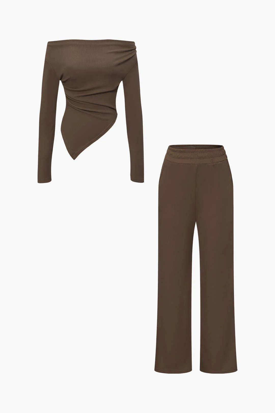 Off-the-Shoulder Ruched Asymmetric Top and Straight-Leg Pants Set