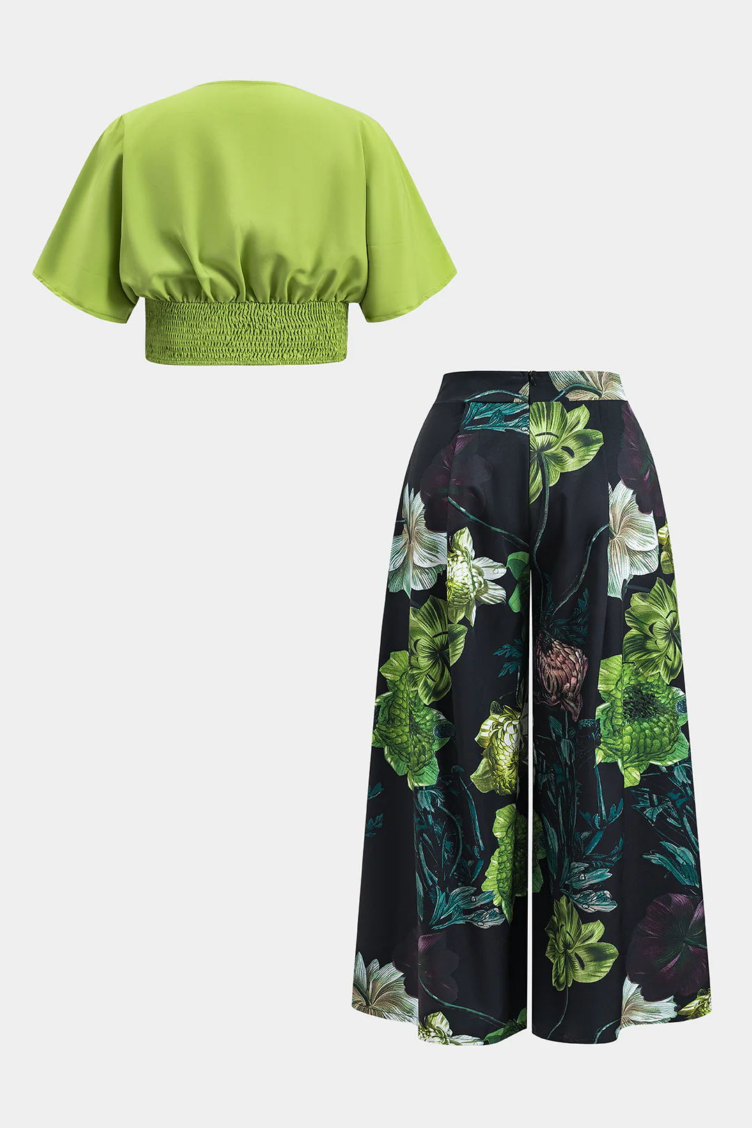 Plus Size V Neck Ruched Tank Top and Floral Print Trousers Outfit Set