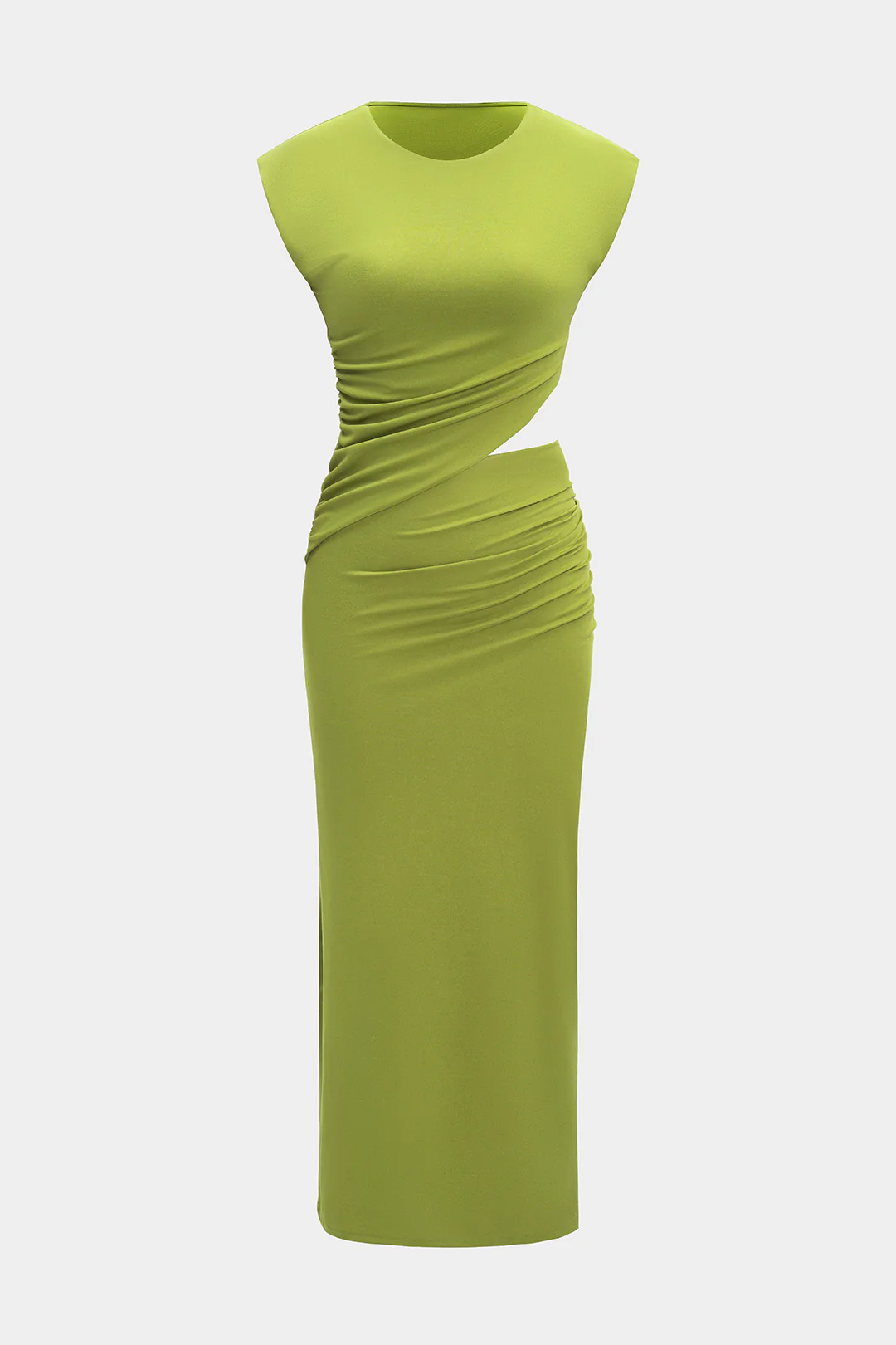 Cut Out Round Neck Ruched Sleeveless Maxi Dress