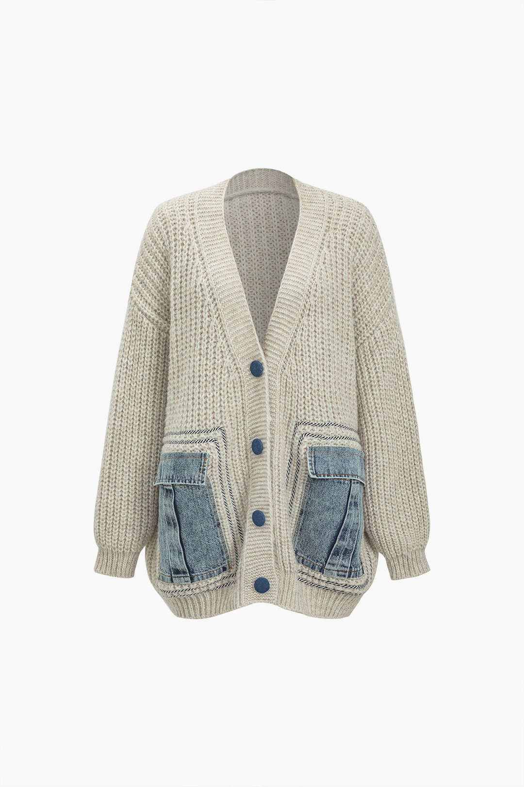 Denim Patchwork Button Pocket Cardigan Sweater