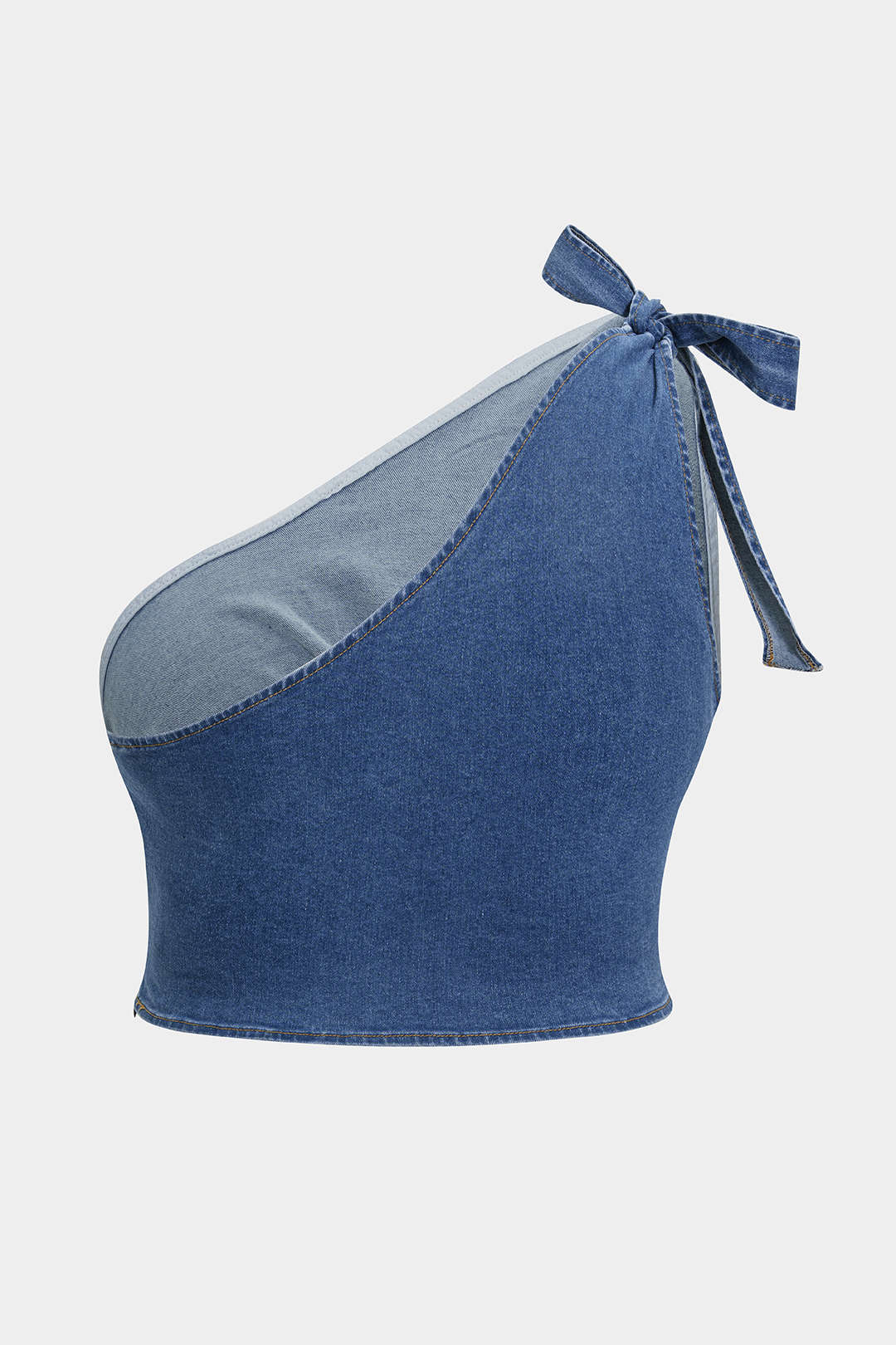 Plus Size Denim Zipper Asymmetric Knotted Cropped Top