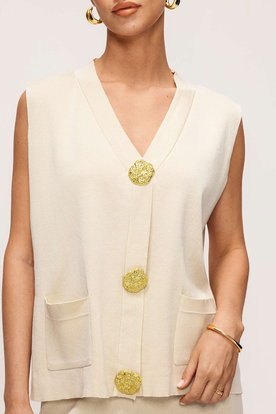 Knit Button V-Neck Vest And Pants Set