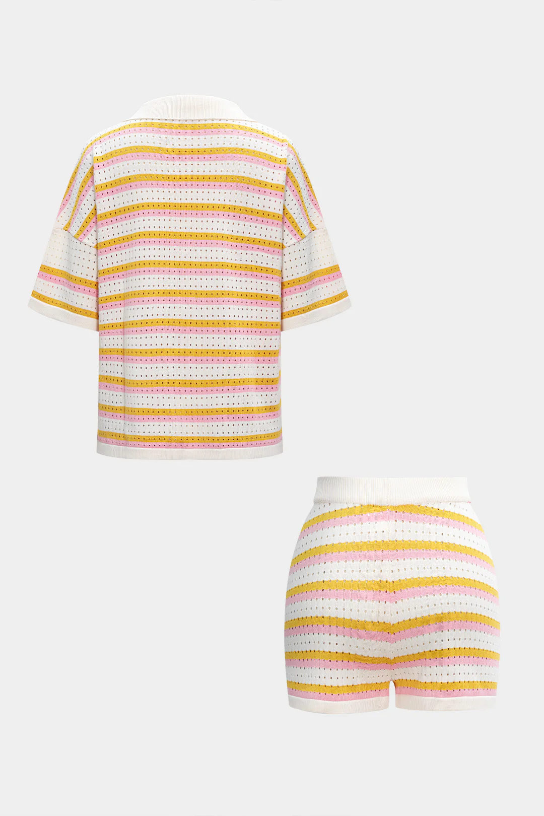 Knit Color Block Stripes Print Button Short-Sleeve Shirt And Shorts Set