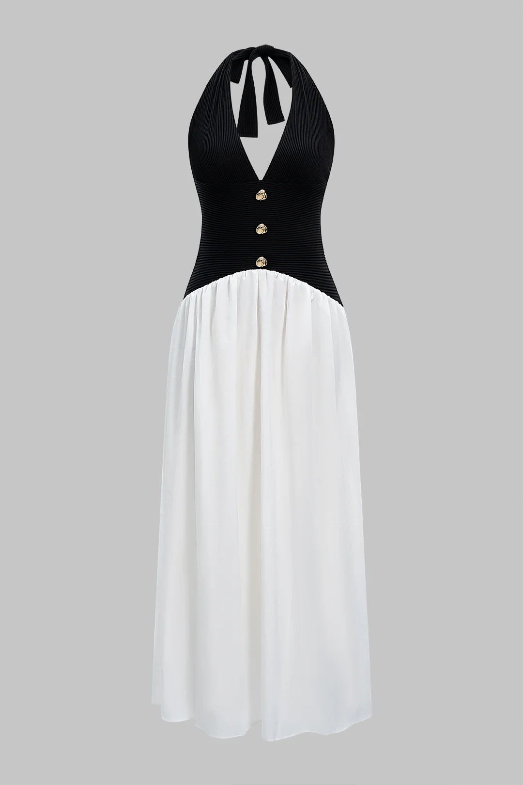 Halter Neck Contrast Metallic Decor Backless Ruched Maxi Dress