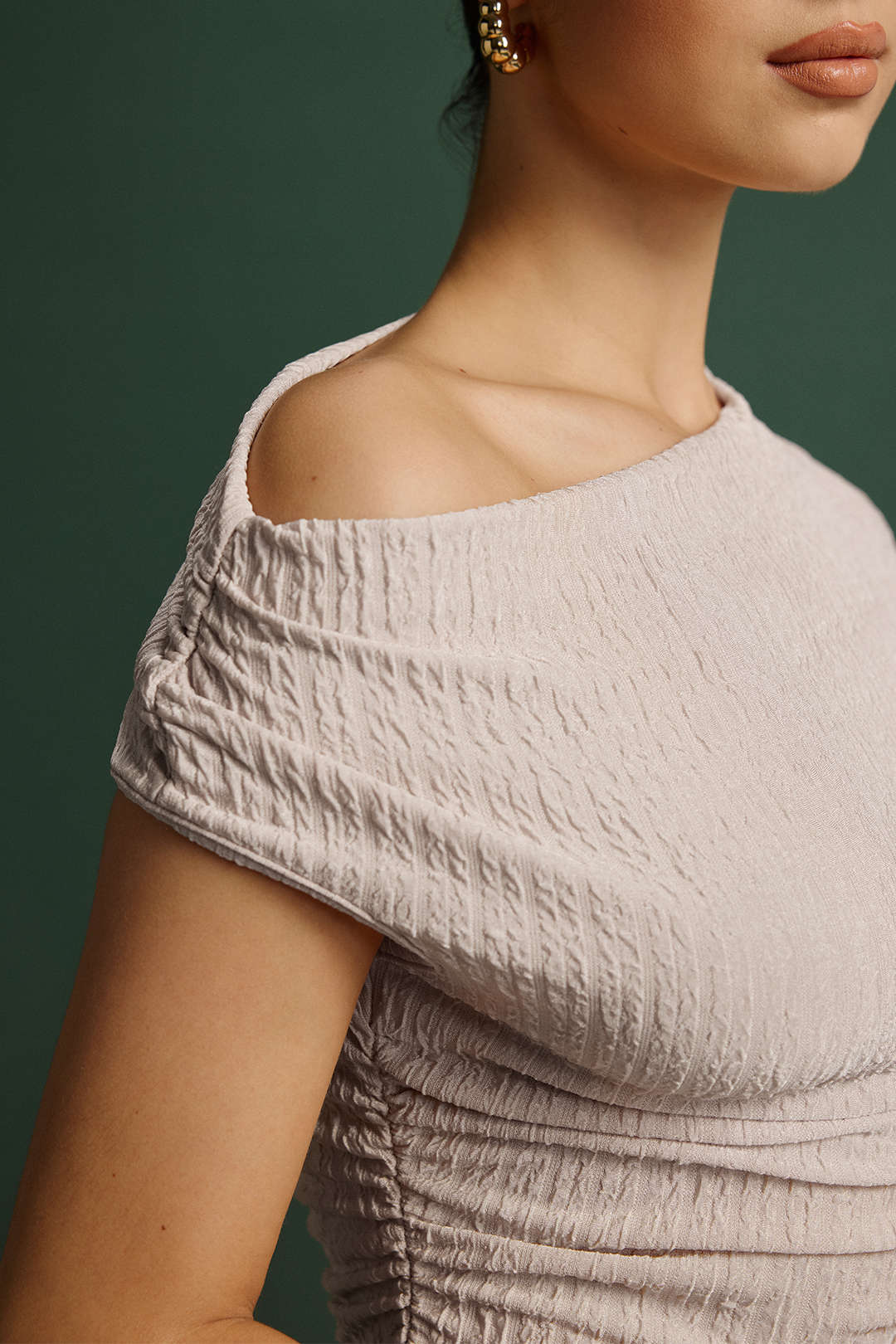 Ribbed Asymmetrical Neck Ruched Short-Sleeve Shirt And Trousers Set