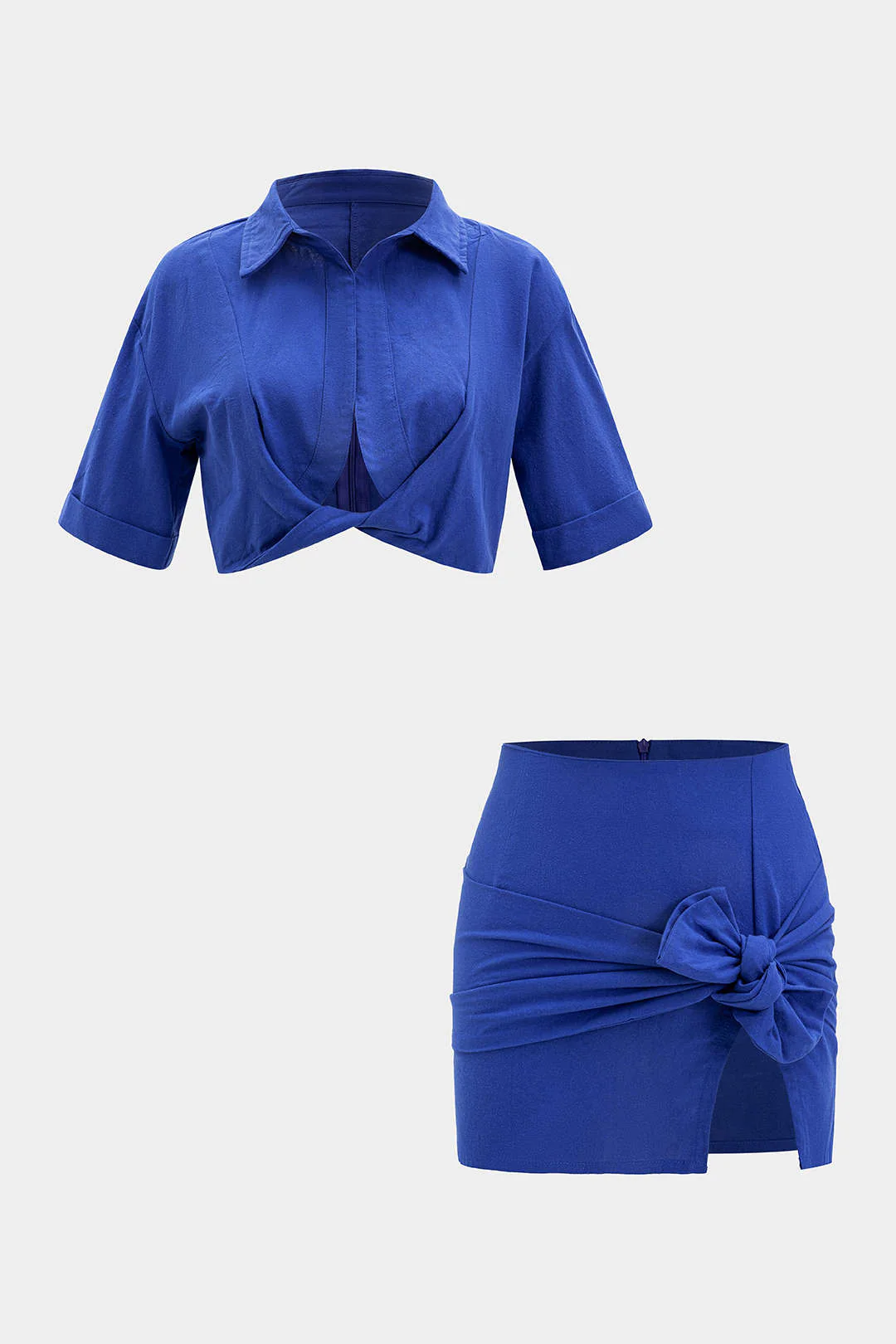 Solid Twist Knot Short Sleeve Shirt and Tie-Up Skirt Ensemble