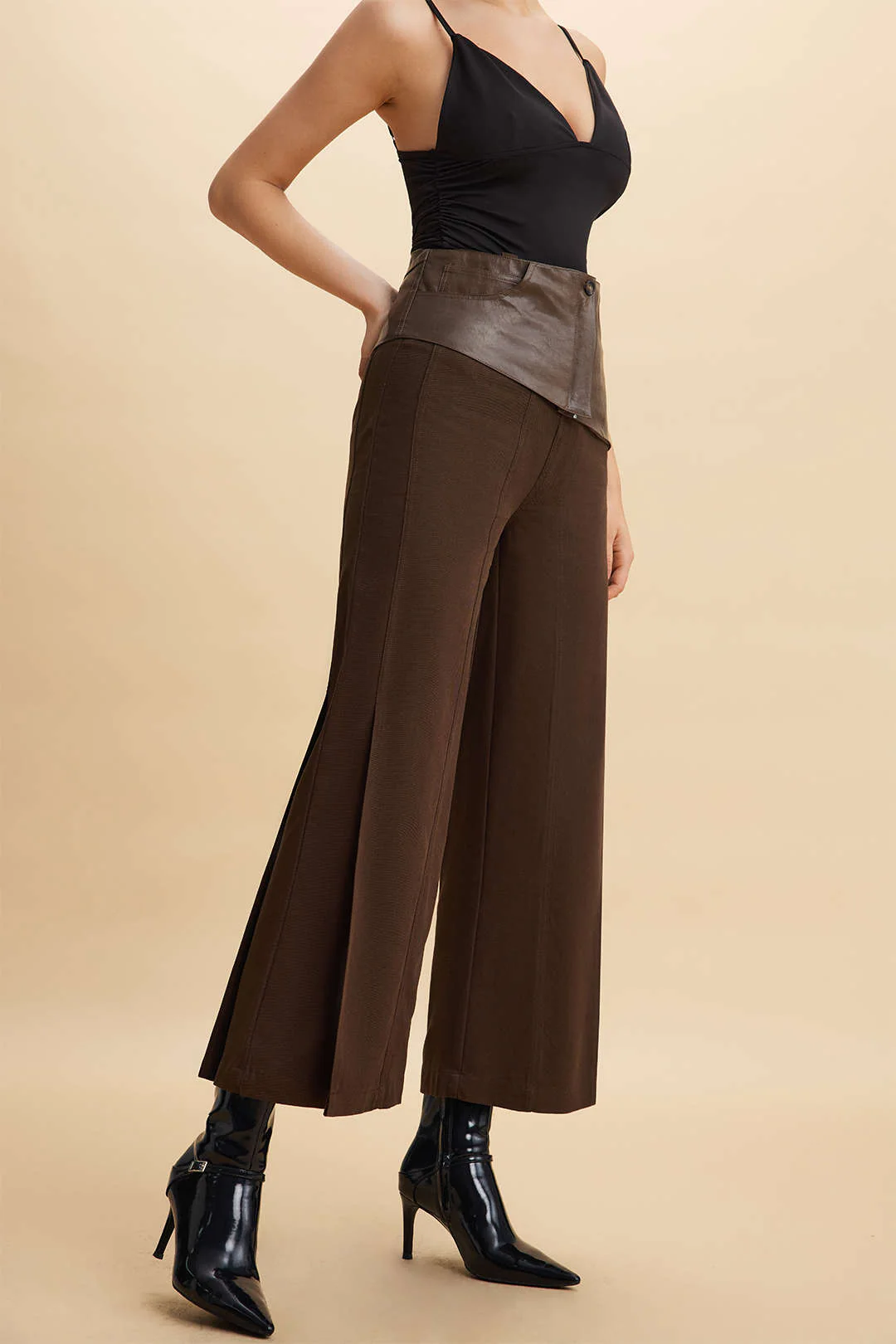 Faux Leather Patchwork Zipper Pocket Trousers