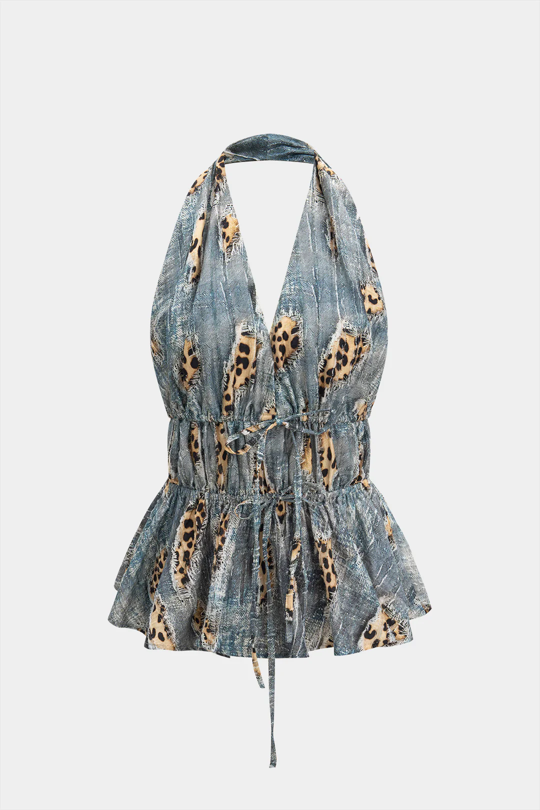 Retro Leopard Print Backless Tie-Up Ruched Drawstring Camisole Top