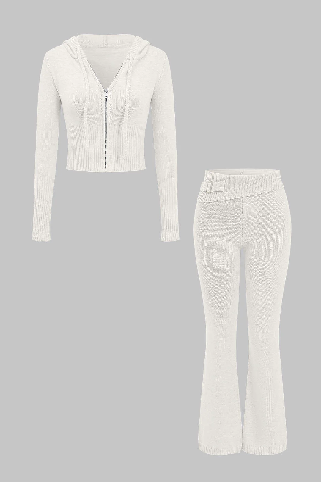 Solid Knit Hooded Top and Asymmetrical Pants Combo