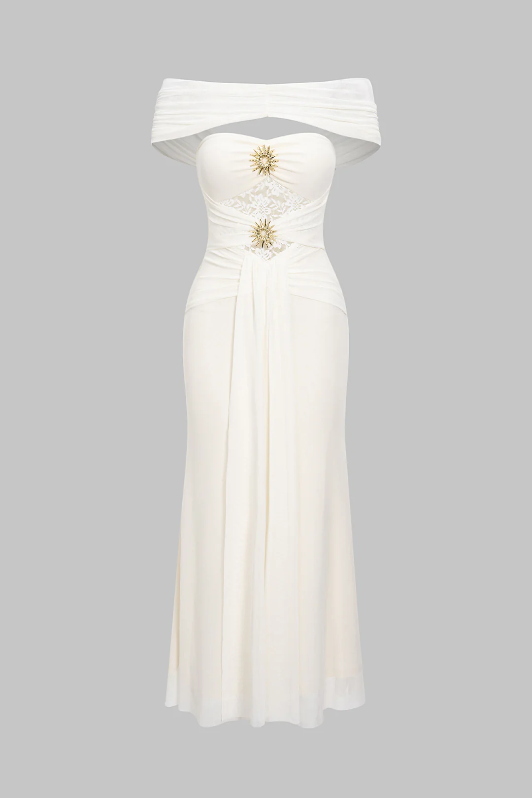 Off-the-Shoulder Mesh Patchwork Metallic Knotted Long Dress