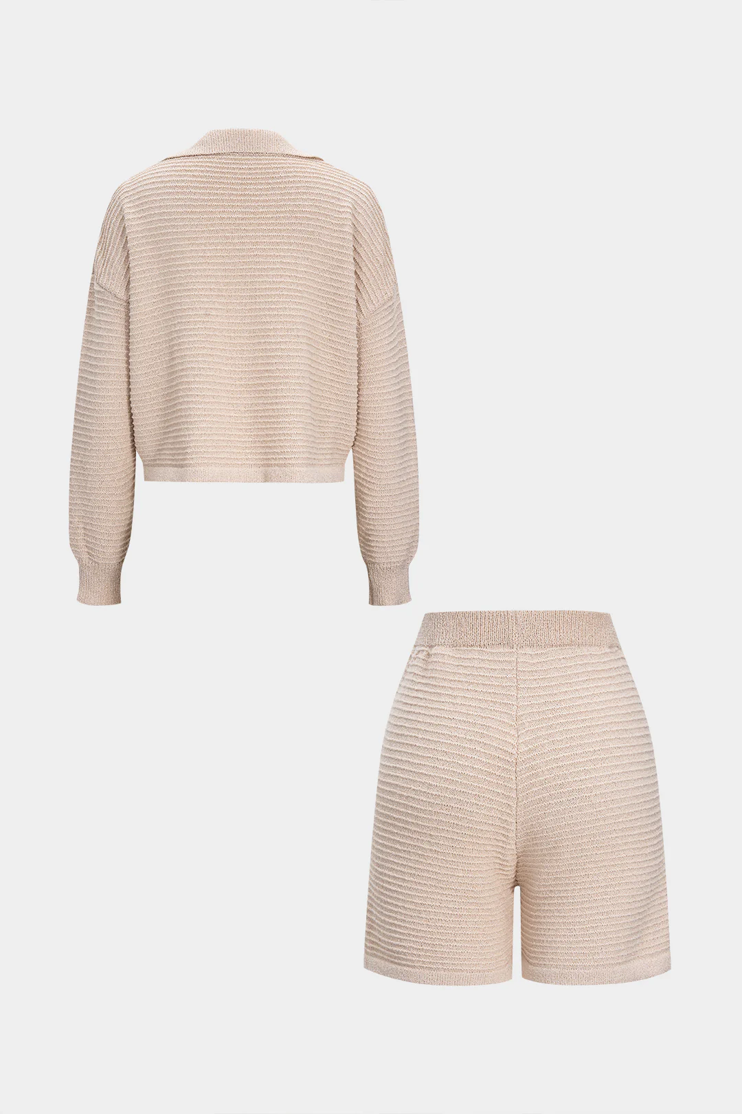 Knit Texture Long-Sleeve Top And Pocket Shorts Set