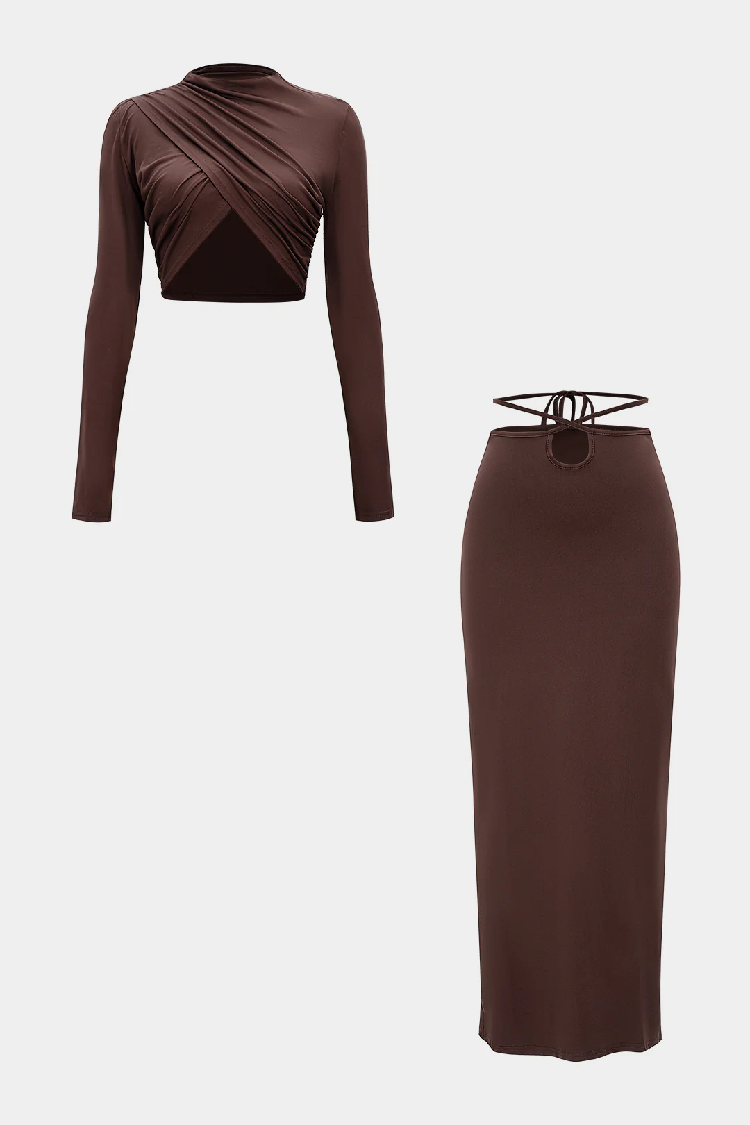 Crossed Ruched Long Sleeve and Tie-Up Skirt Outfit Set